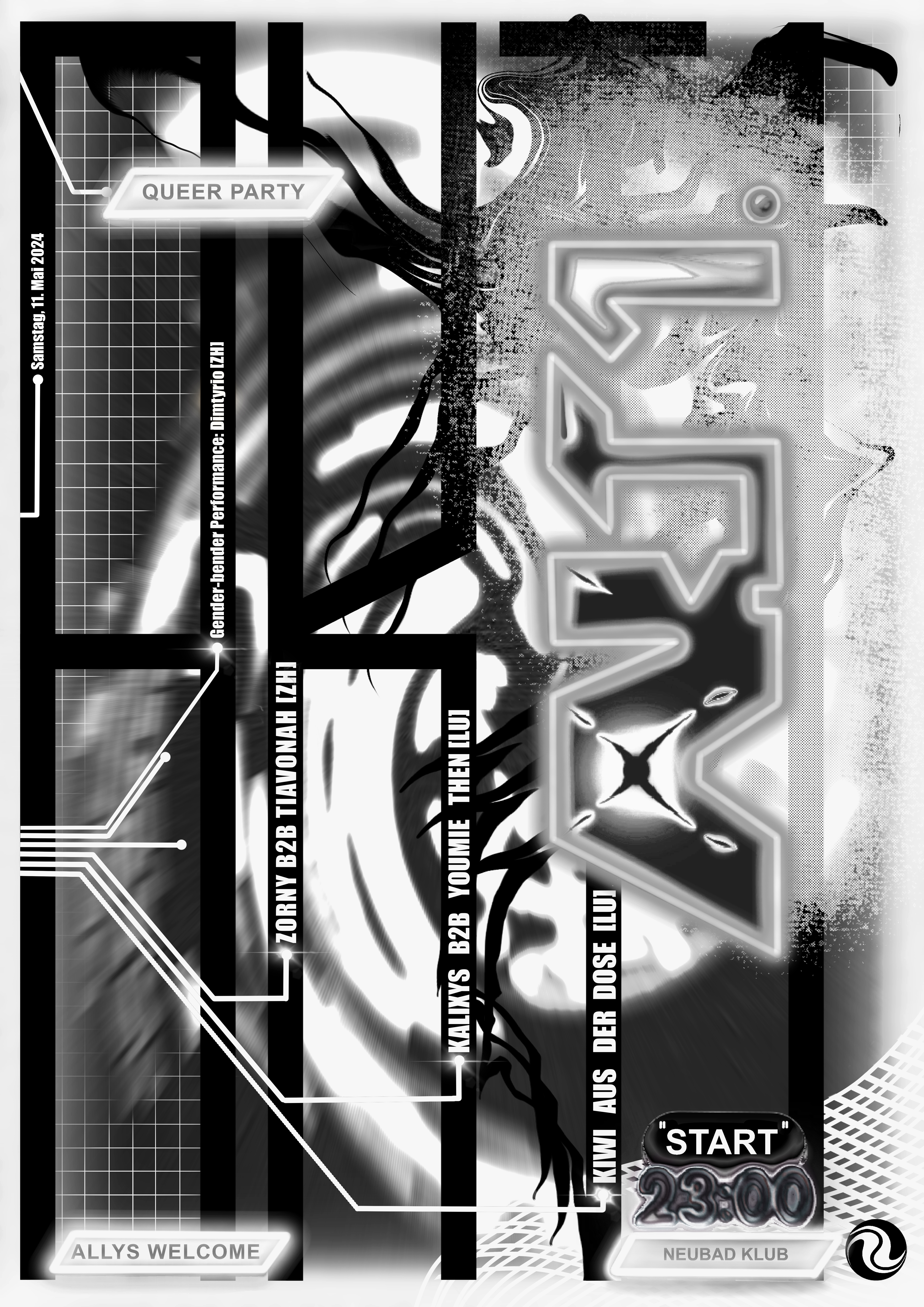 abstrakte schwarz-grau-weisse Grafik mit weisser Typografie