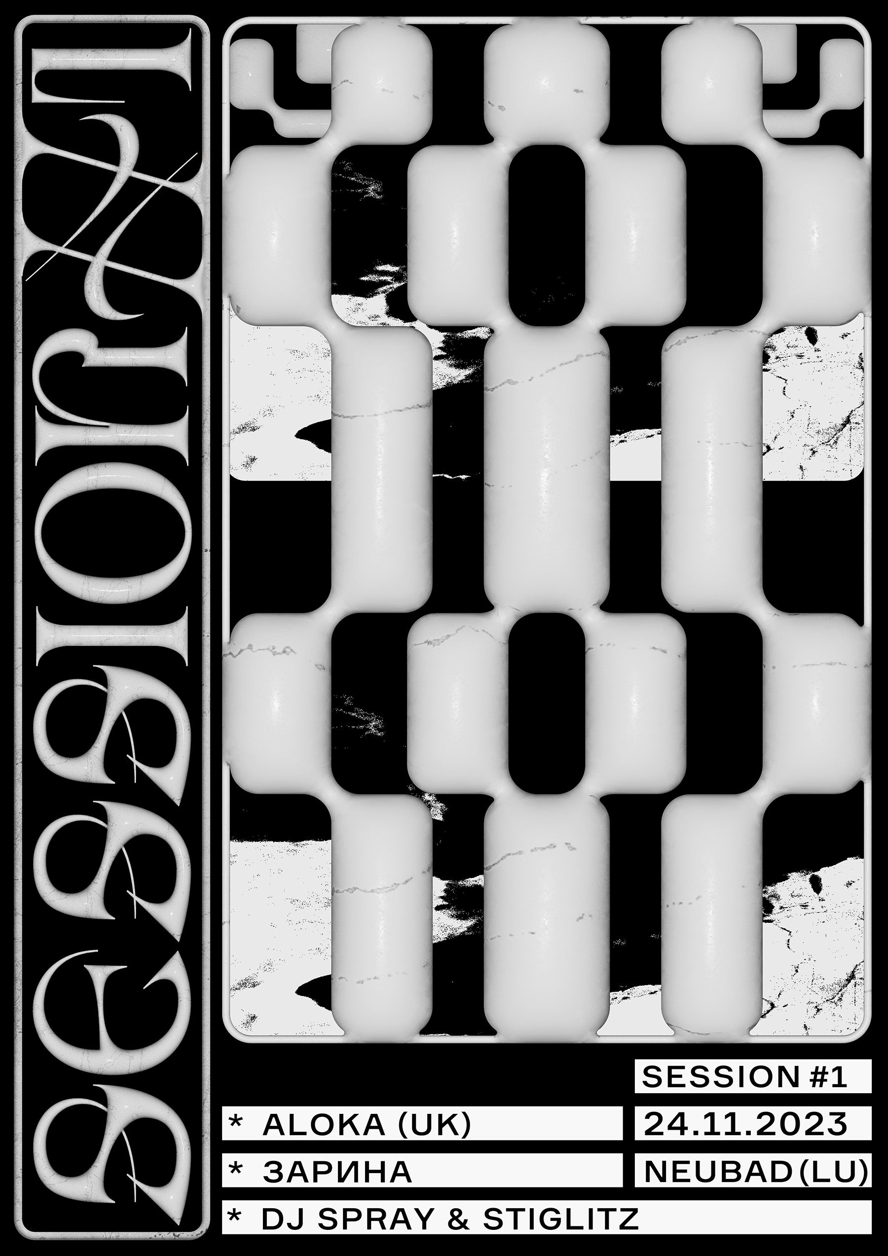 Ein Plakat in schwarz-weiss. Links im Bild steht vertikal der SChriftzug "Session #1". Der Grossteil der Grafik ist mit geomterischen Figuren ausgefüllt.