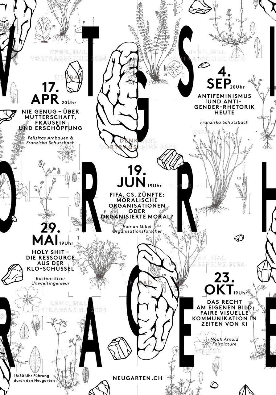 Weisser Grund mit Zeichnungen von Pflanzen und darauf schwarze Typo mit Veranstaltungshinweisen
