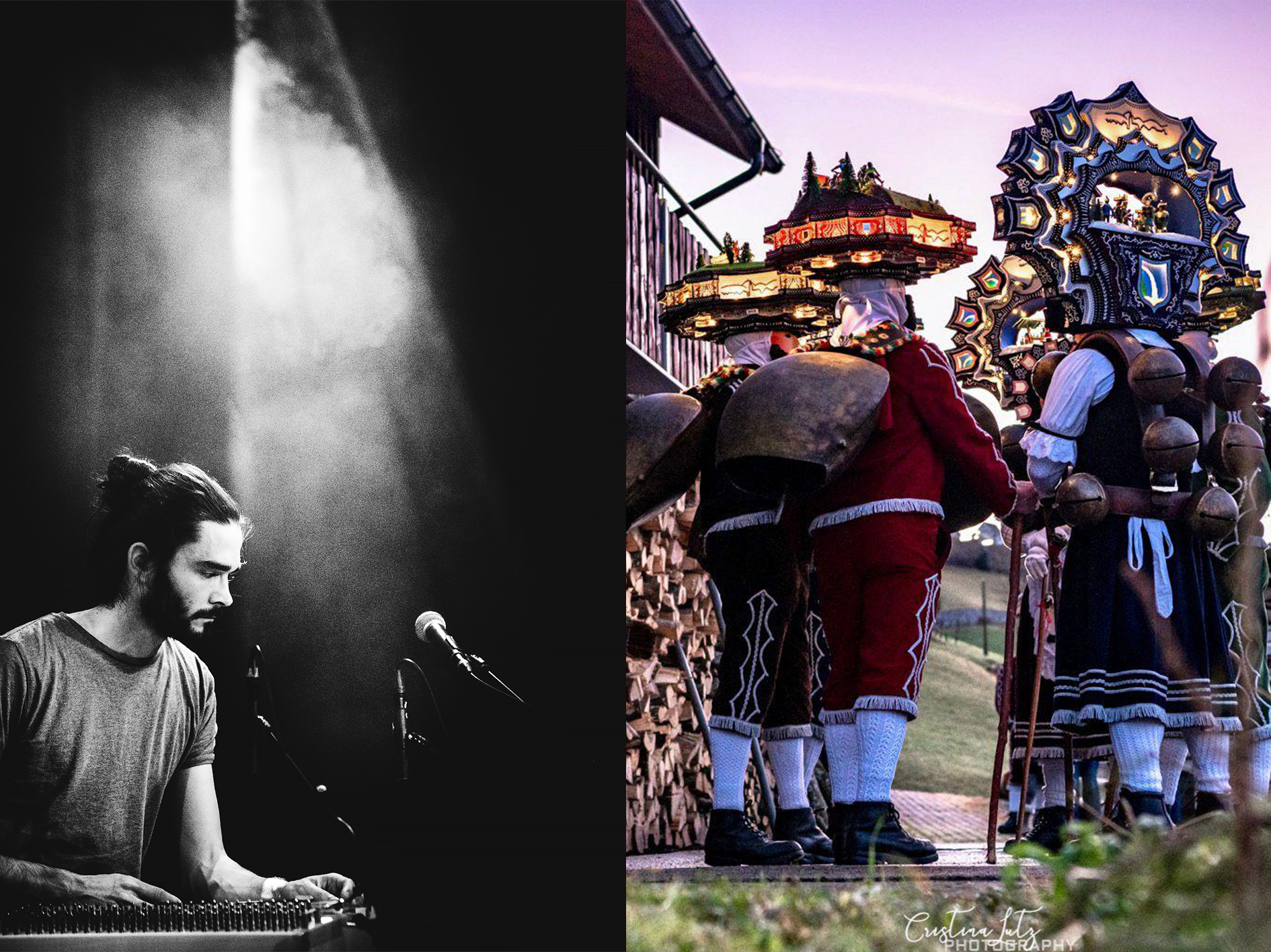 Ein Mann am Hackbrett auf der linken Seite. Auf rechter Seite sind Jodler in traditioneller Appenzeller Tracht.