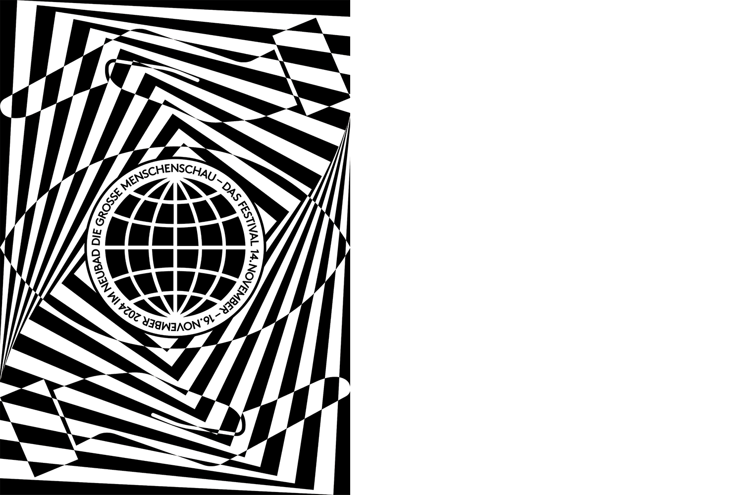 Illustration Menschenschau, zwei Hände, in der Mitte ein Globus Symbol. durchzogen von schwarzweissen Flächen.