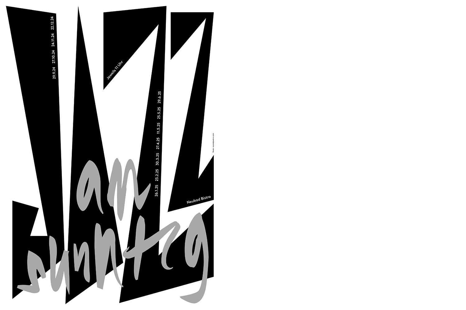 Illustration "Jazz am Sunntig" Schwarzgeschrieben in Grossbuchstaben: Jazz und im Vordergrund in grauer Handschrift: am Sunntig.