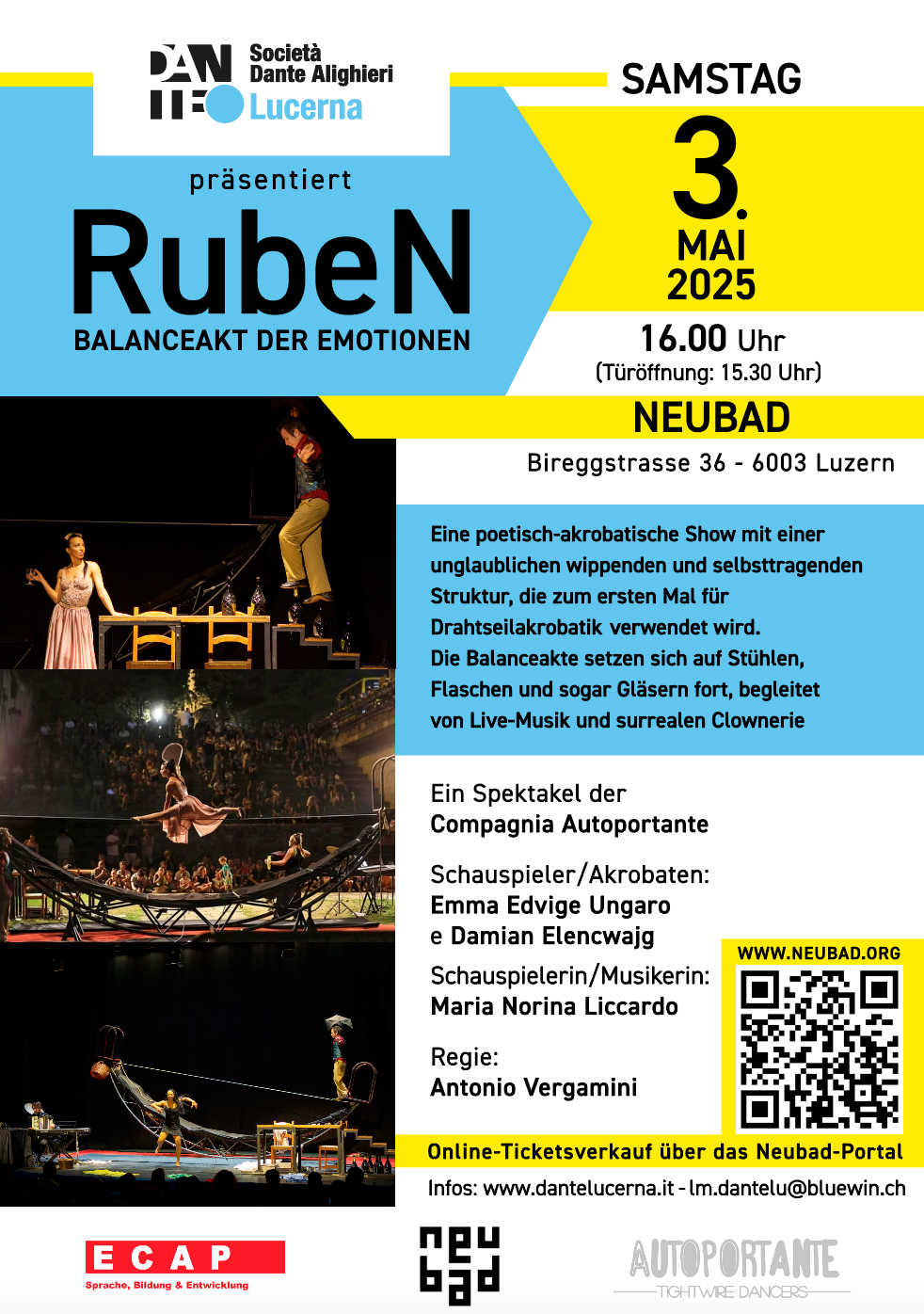 Ein Flyer mit viel Text auf weissem, blauem und gelbem Grund. Es hat auch noch Fotos der Balancekünstlerinnen.