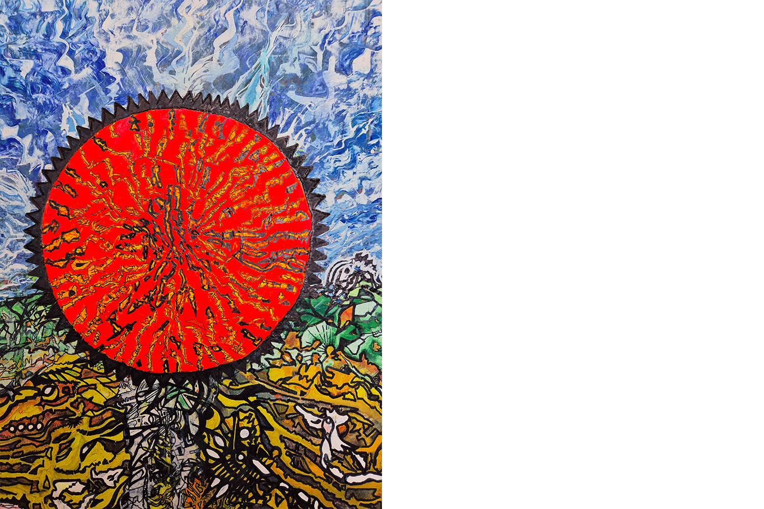 Ein sehr farbiges Bild mit einem leuchtenden, orangen Kreis in der Mitte. Oben ist der Himmel mit verschiedenen Blautönen und unten einen erdig-grünen Boden zu sehen. 