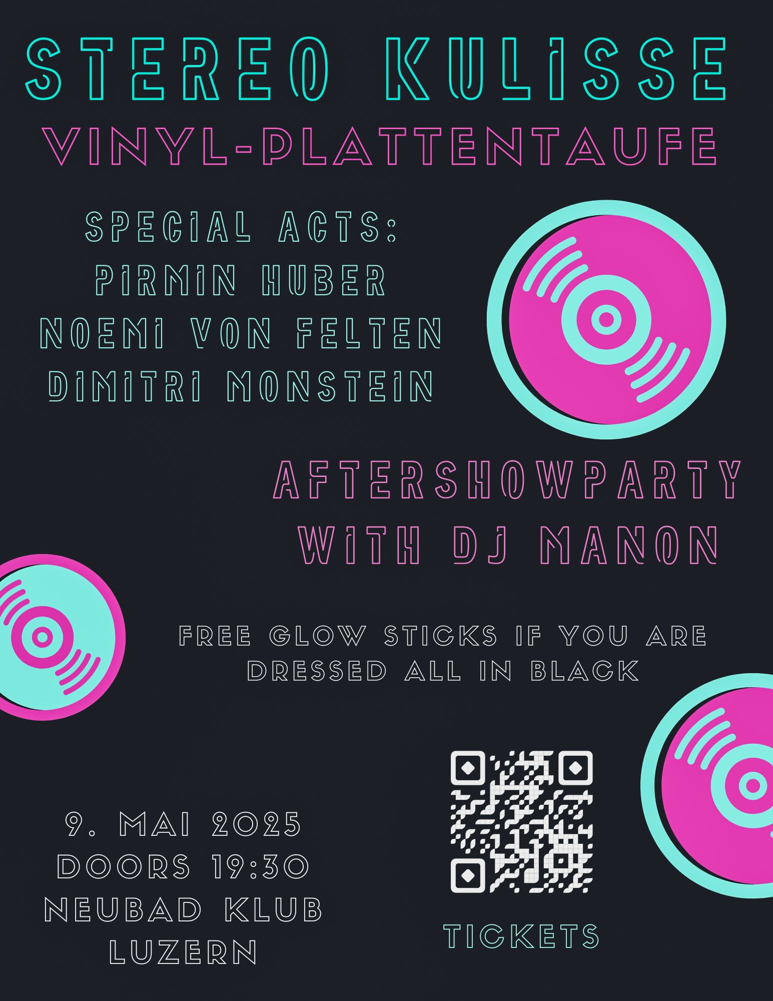 Schwarzer Hintergrund mit Grüner und Pinker Schrift. 