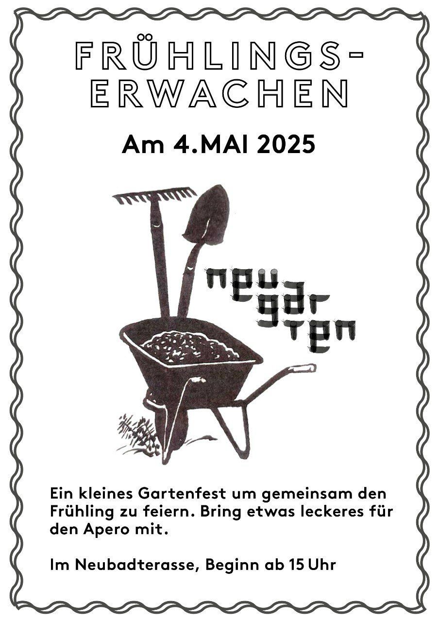 Flyer mit Informationen zu Veranstaltung, Logo Neugarten und Schaufel und Garette