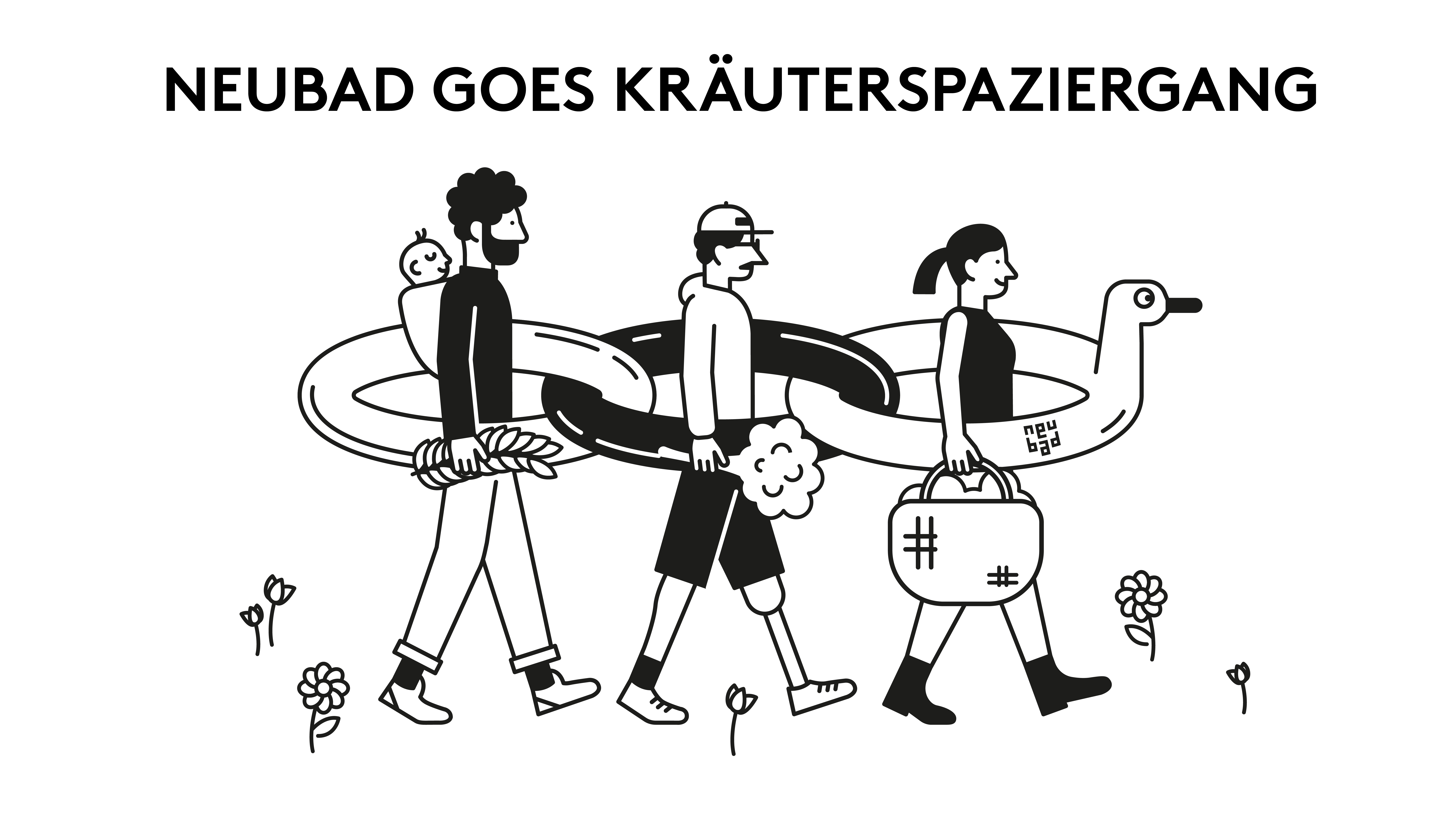 Drei Figuren im Schwimmring gehen spazieren