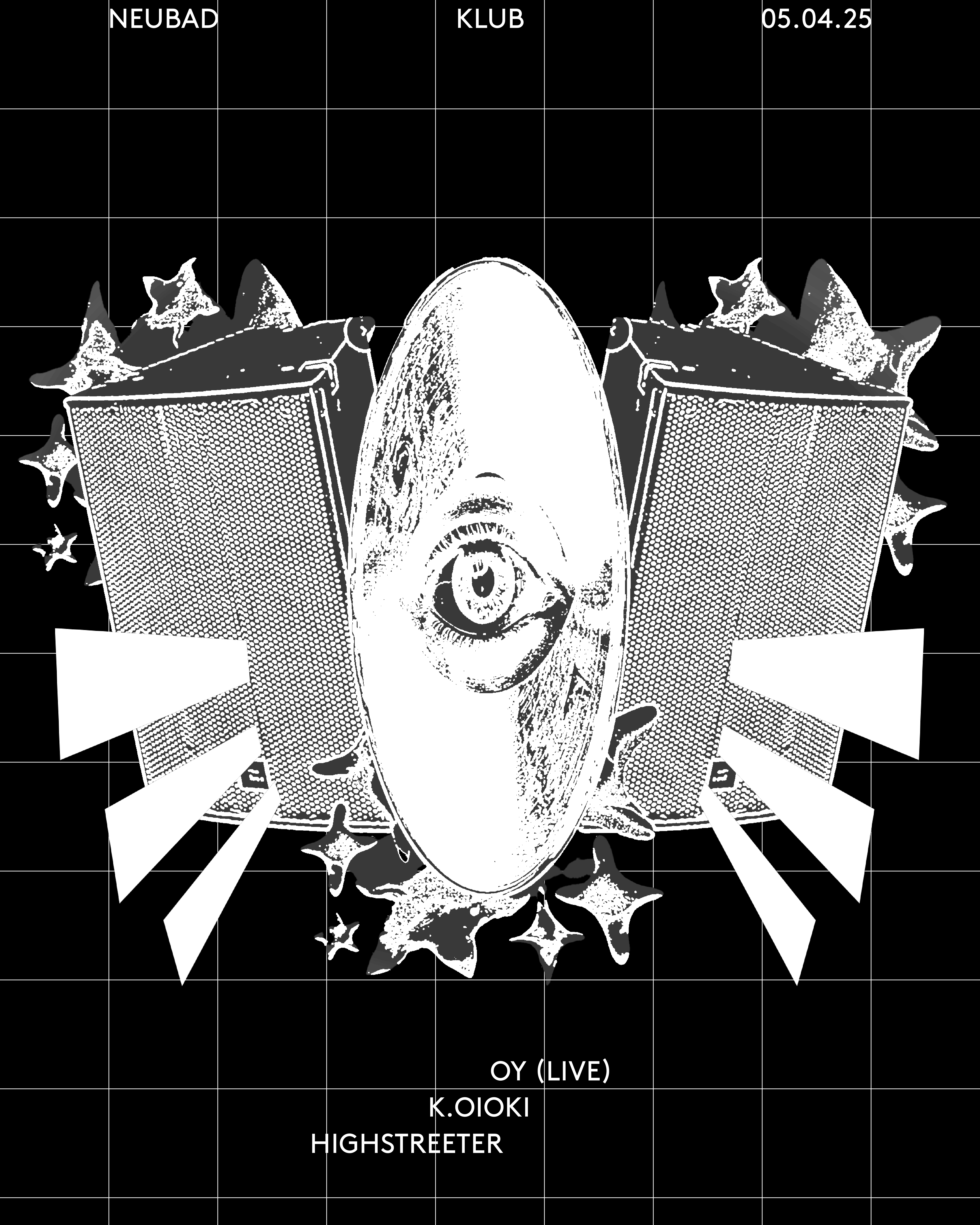 Schwarz weiss mit zwei Musik Box recht und links und einem Auge in der Mitte