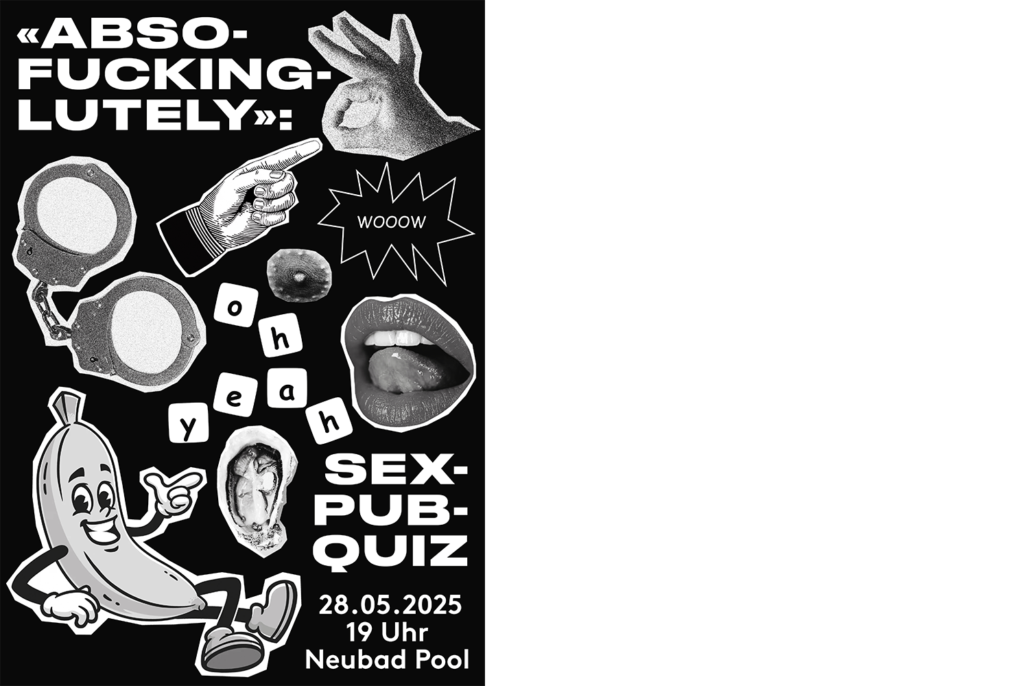 Illustration Schwarzweiss, Kollage aus Handschellen, Händen, Mund, Bananenmaskottchen und Meeresfrüchte.