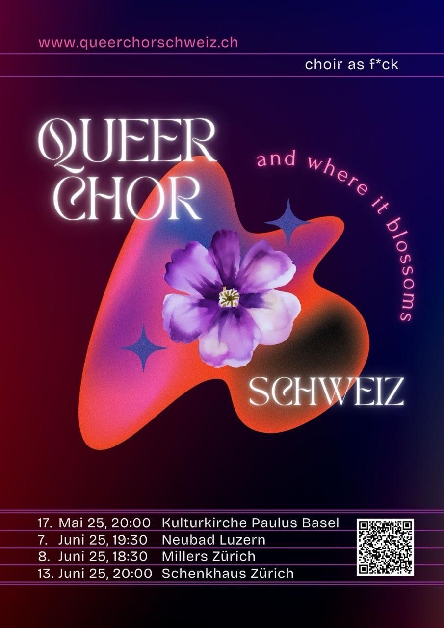 Ein Plakat in dunklen und roten Tönen. In der Mitte ist eine violette Blume. Oben links steht "queerchor". unten auf der Grafik sind die Auftrittsdaten afugelistet.
