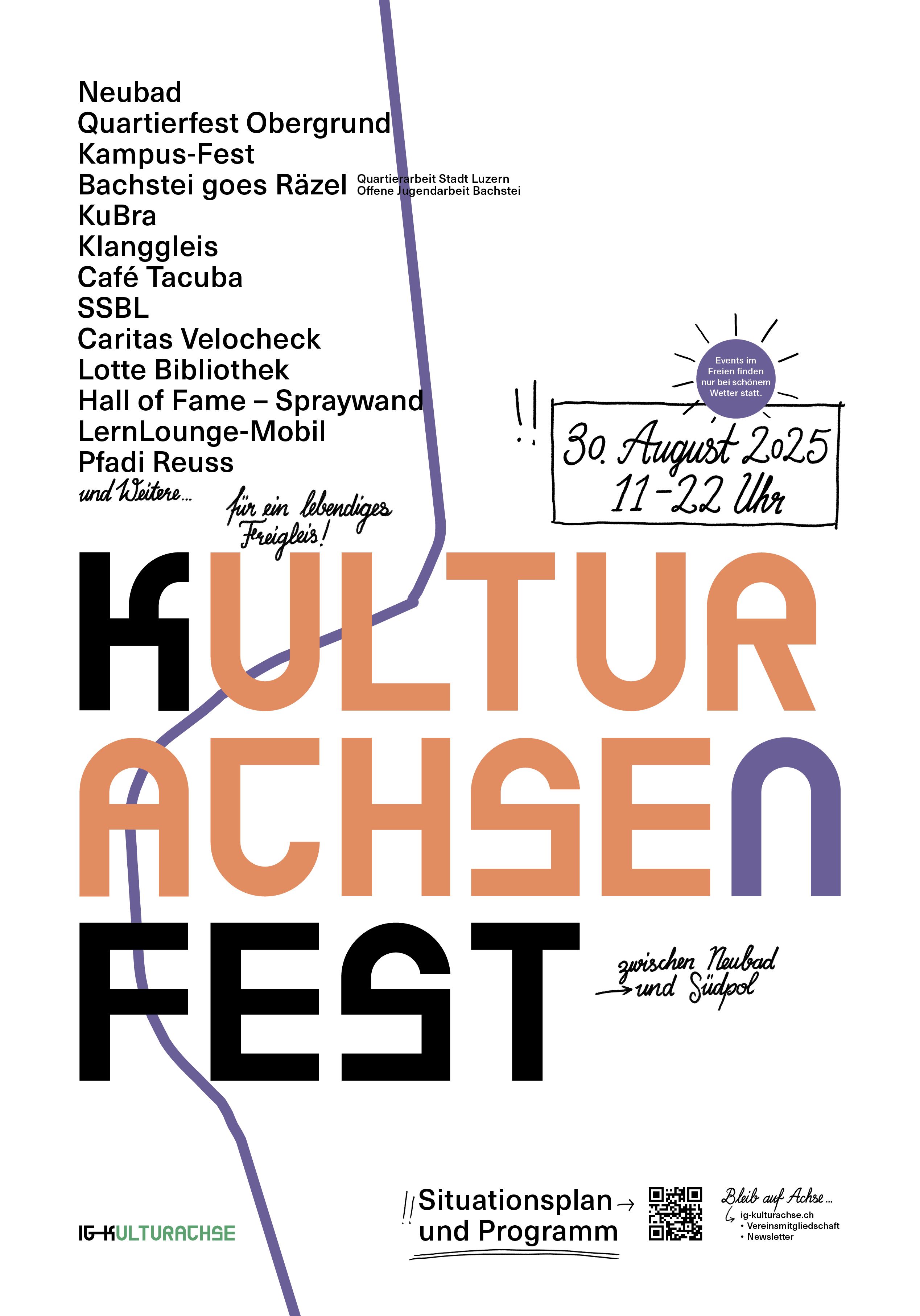 Ein Plakat mit schwarzer Schrift oben links. In der Mitte steht in oranger Schrift der Titel der Veranstaltung.