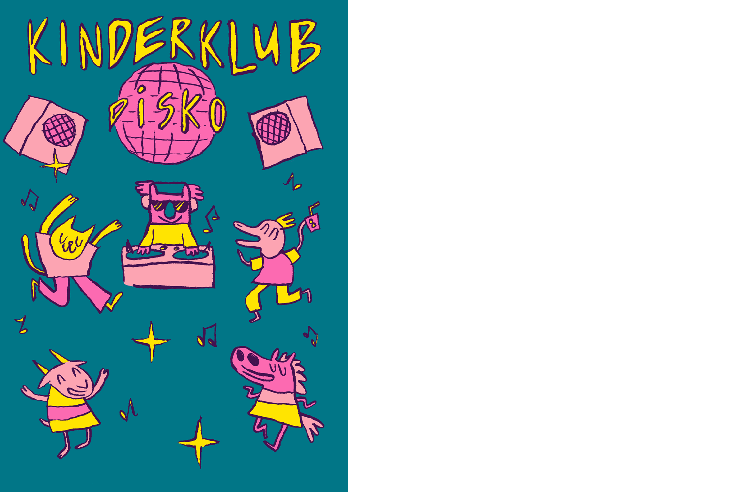 Illustration: Tanzende Tiere über einer Diskokugel. Kinderklub steht in grosser Schrift darüber