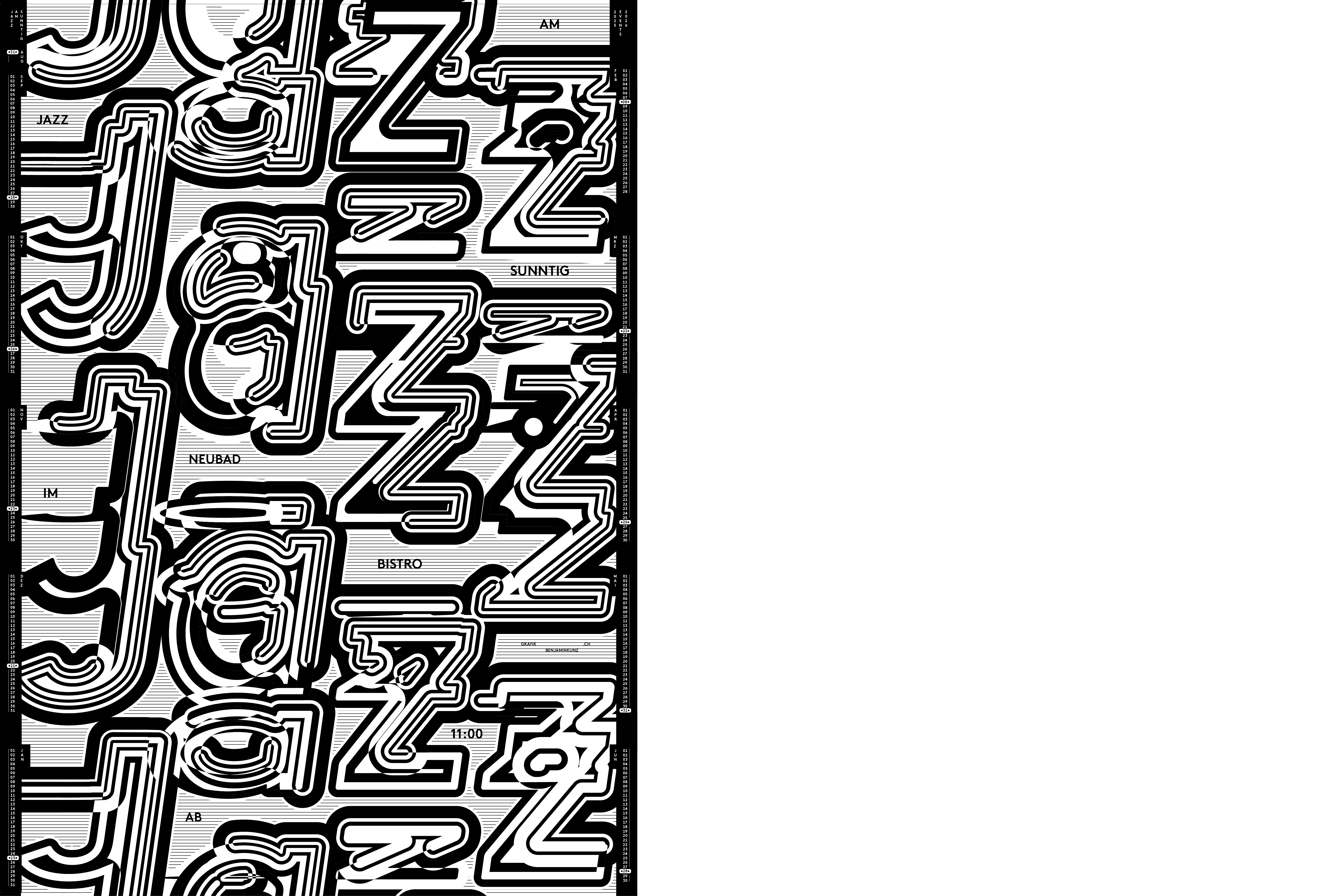 Grafik für Jazz am Sunntig: Das Wort "Jazz" ist mehrmals übereinander geschrieben und teilweise ineinander geschoben. Die Schrift ist schwarz weiss und Manche Flächen wirken wie Wasserreflektionen-