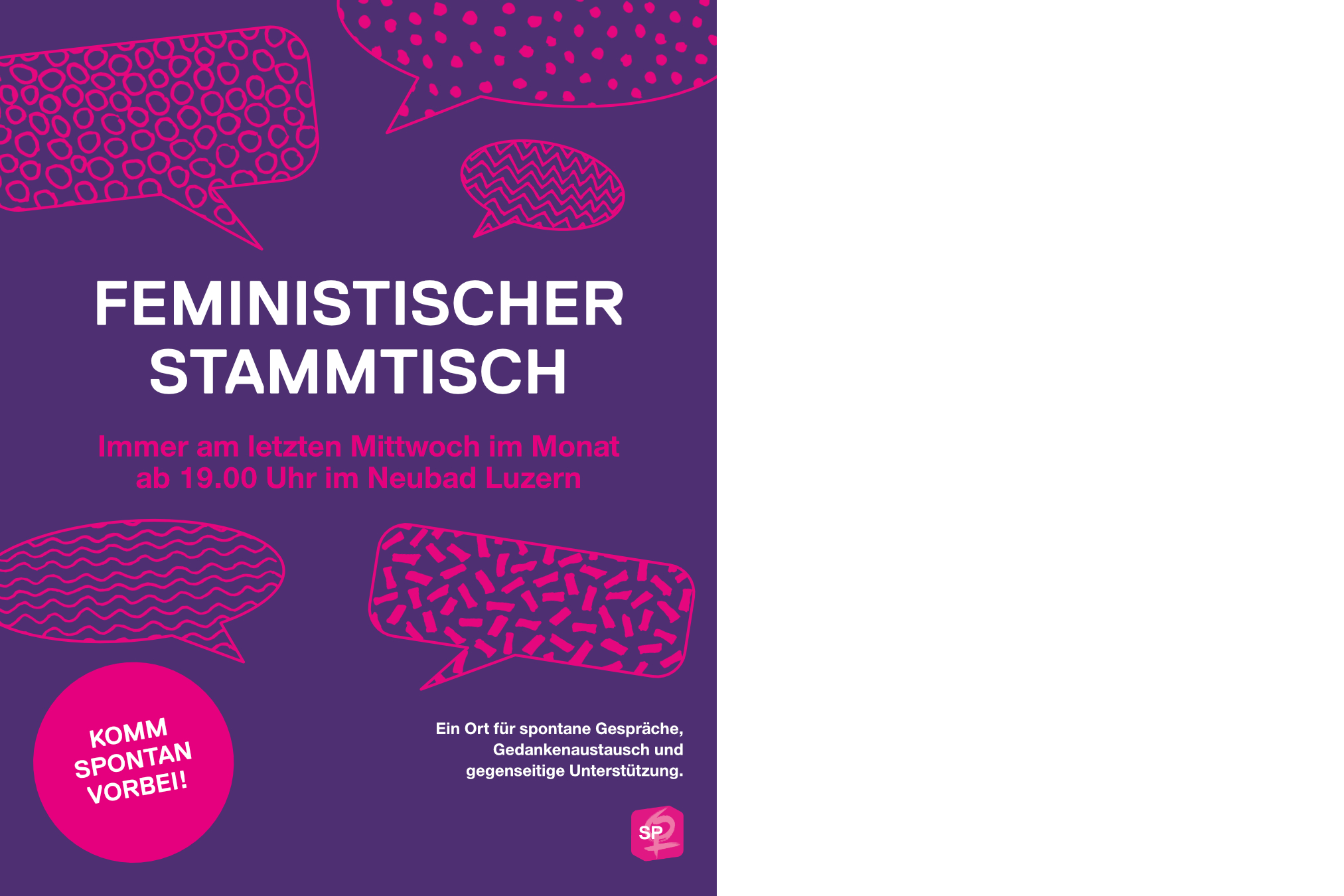 violetter Hintergrund mit magenta-pinken Sprechblasen, die mit unteschiedlichen Mustern befüllt sind.