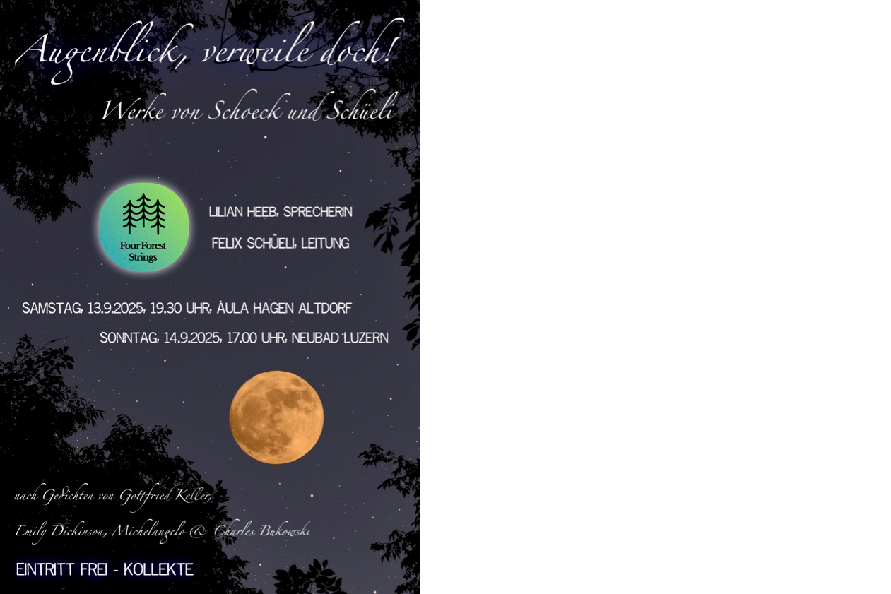 Illustration: Ein Nachtblauer Hintergrund und schwarze Blätterumrisse und ein gelber Mond. Das Four Forest String Logo in Grün und in weisser Schreibschrift der Veranstaltungstitel: "Augenblick, verweile doch"