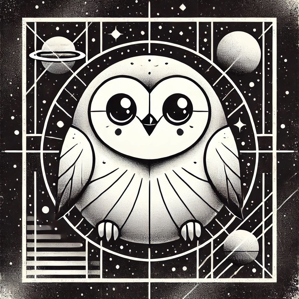 Eine Illustration von einer Eule, die umgeben ist von Planeten.