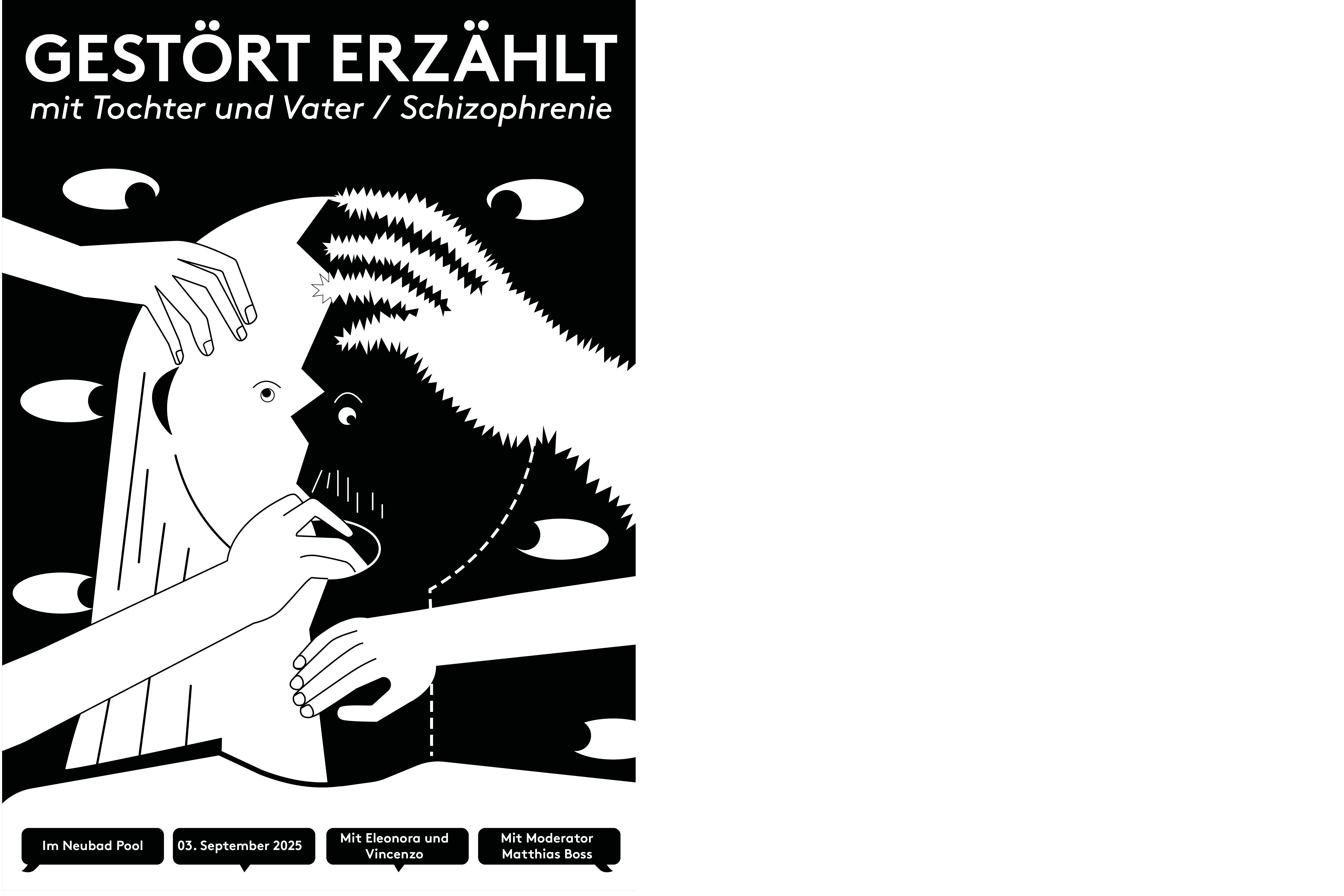 Eine Illustration eines Kopfs in schwarz-weiss. Es fassen vier Hände ins Gesicht. Rund um den Kopf hat es verschiedene Augen, die auf den Kopf schauen.