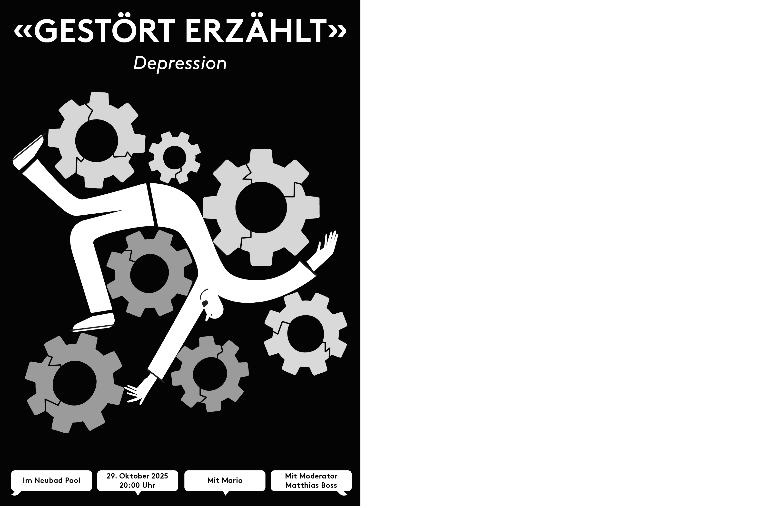 Zu sehen ist ein schwarz weisses Bild mit vielen Zahnrädern, zwischen denen eine schmale Person hängt. Darüber steht der Titel "Gestört erzählt", "Depression" in weisser Schrift.