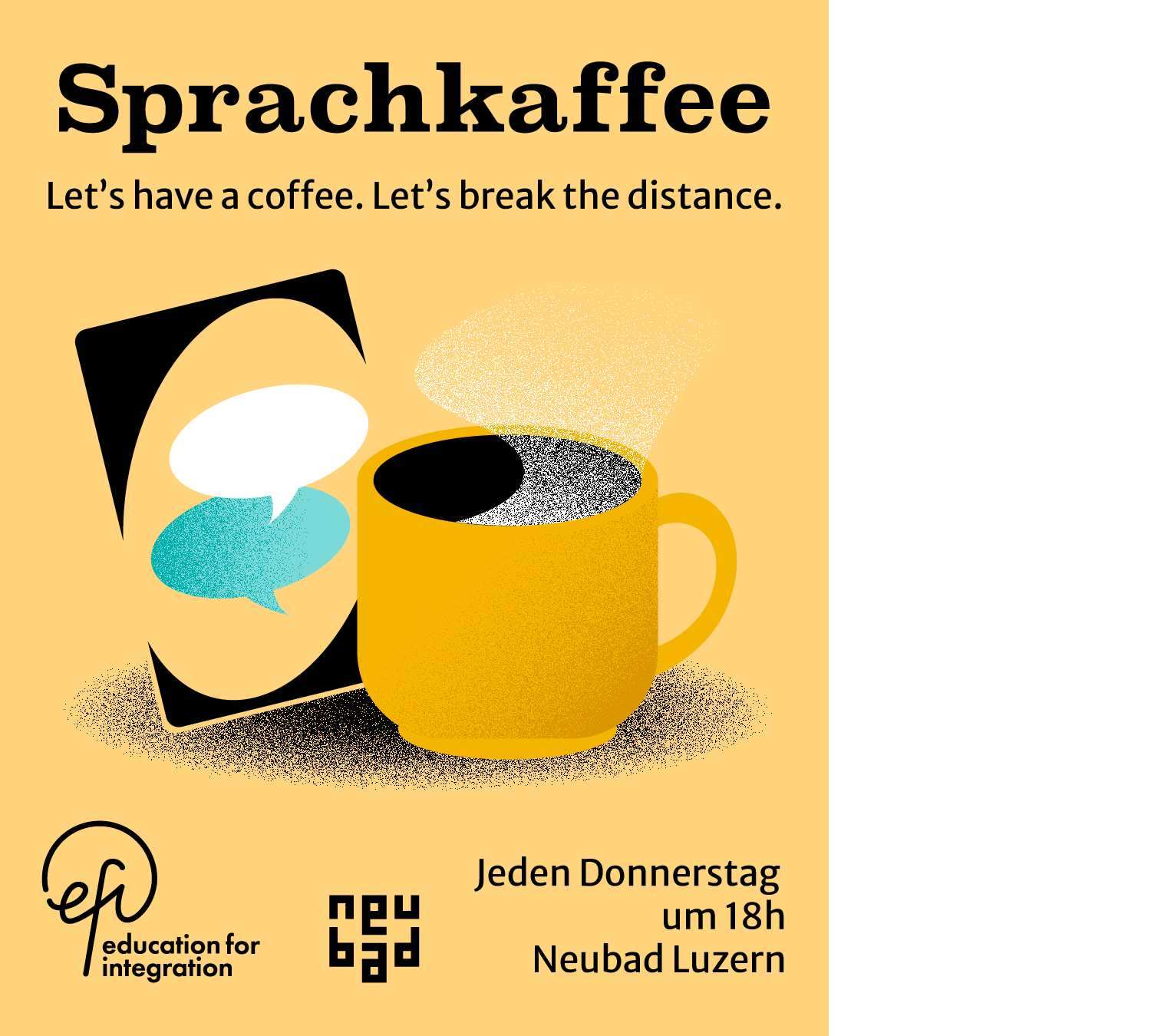 Eine Illustration von einer Spielkarte mit zwei Sprechblasen drauf und daneben eine gelbe Tasse. Es steht Sprachkaffee in schwarzer Schrift drauf.  