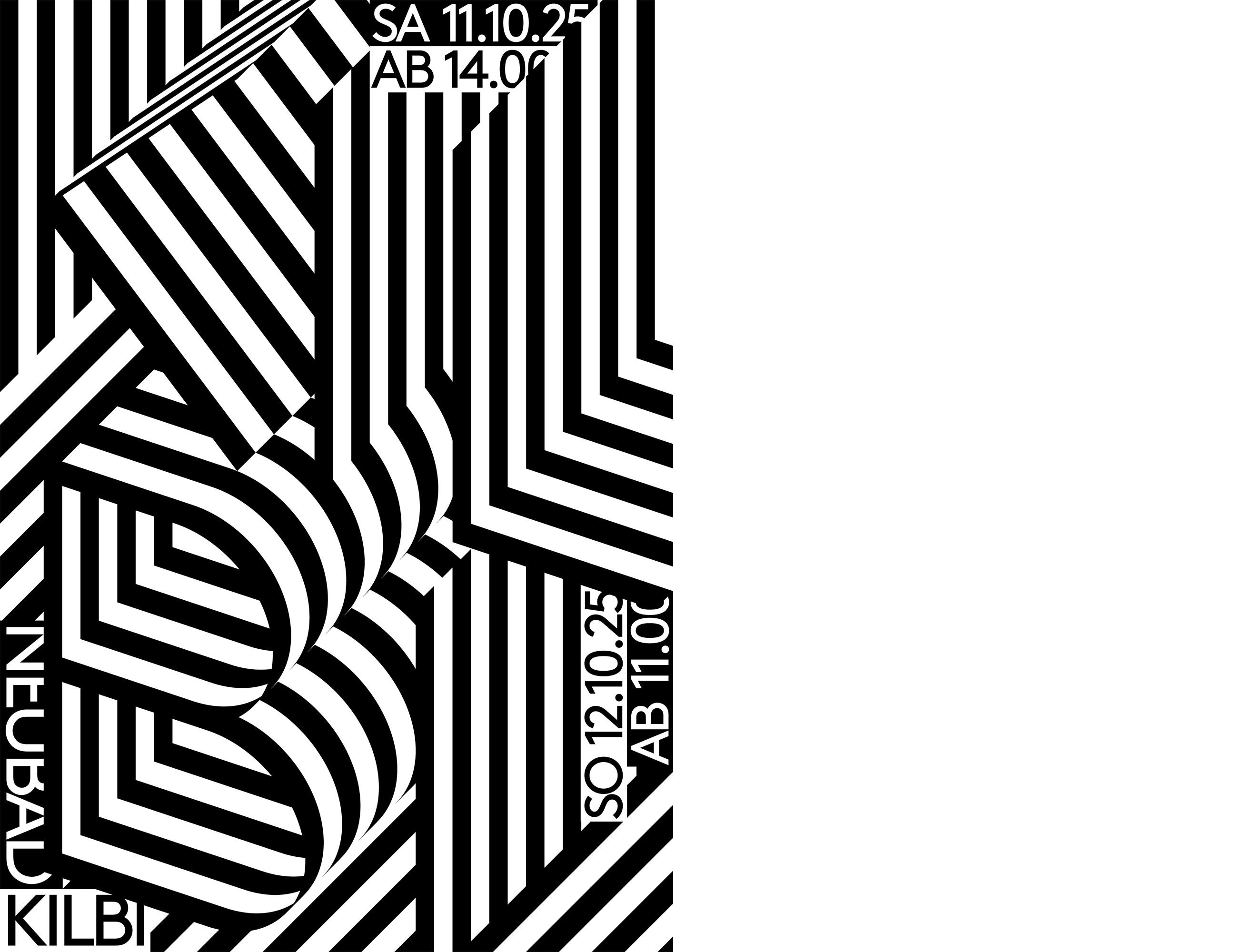 Schwarzweisse Illustration aus Isometrischen Buchstaben, die das Wort "kilbi" bilden