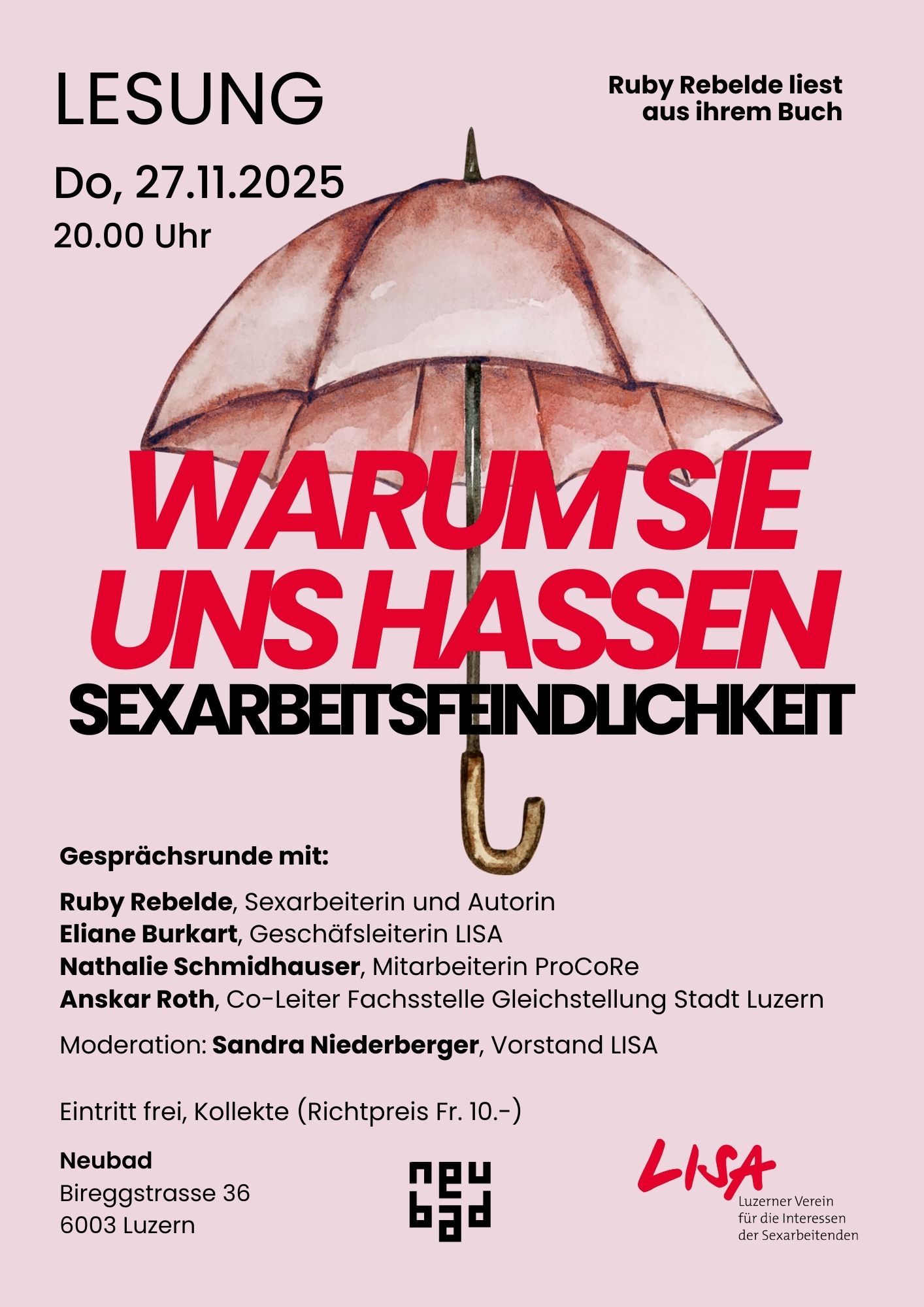 Ein rosarotes Bild mit einem Regenschirm. Davor steht der Titel "Warum sie uns hassen".