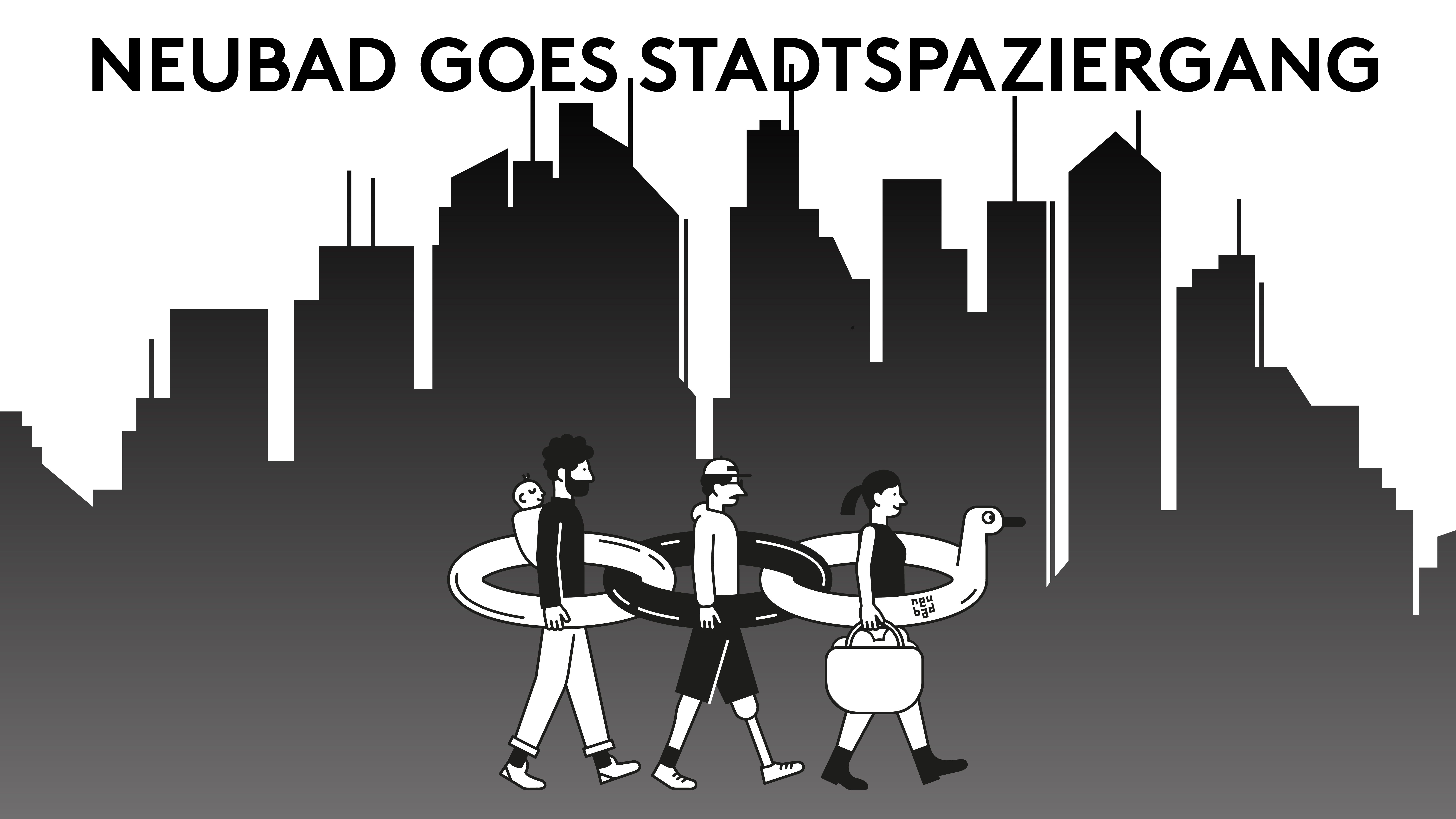 Drei Neubad Mitglieder spazieren durch die Stadt.