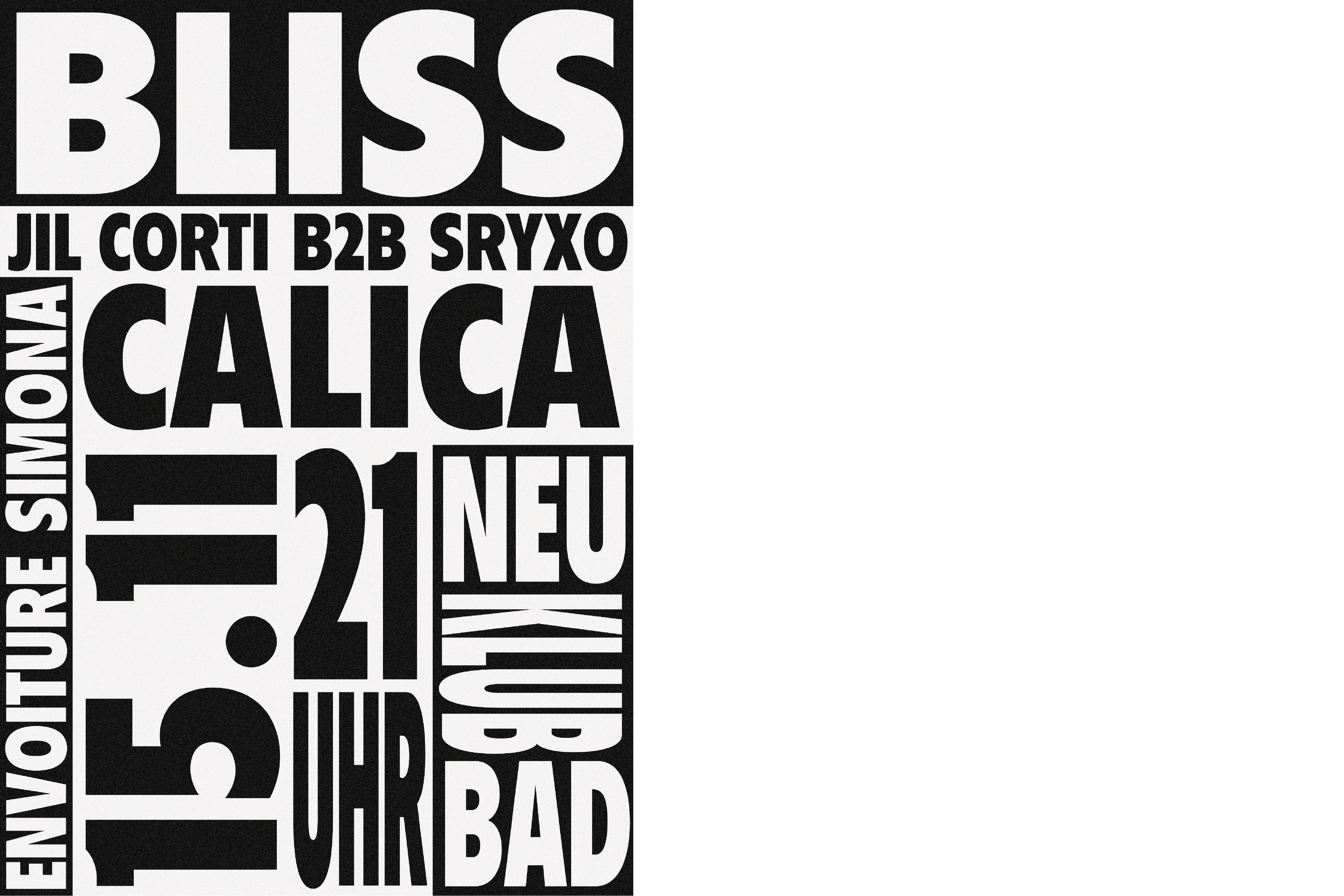 Grosse und Dicke Typografie in Blöcken, wild angeordnet, teilweise verzogen 