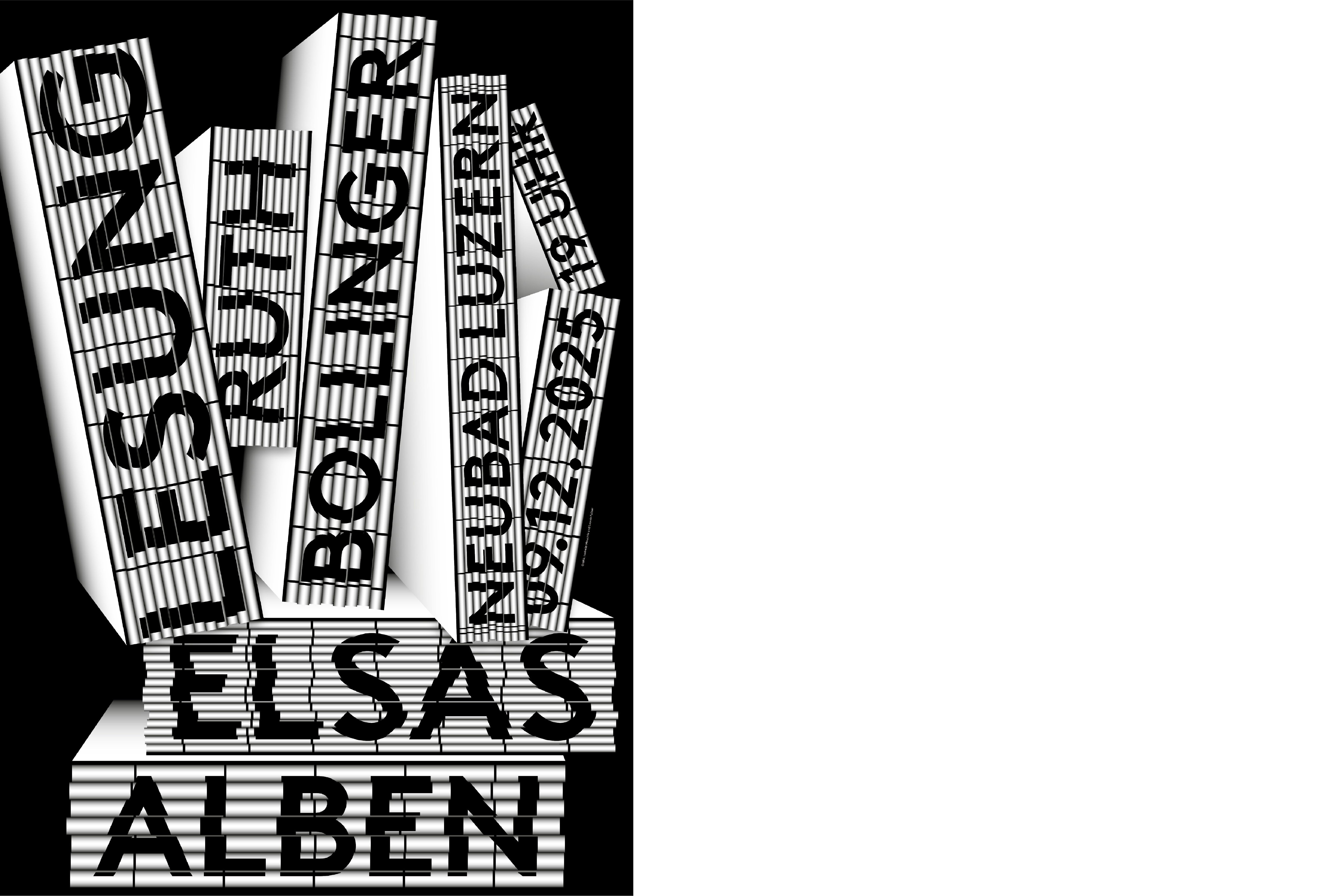 schwarz/weiss plakat mit verschiedenen auf sich aufgestapelten Bücher