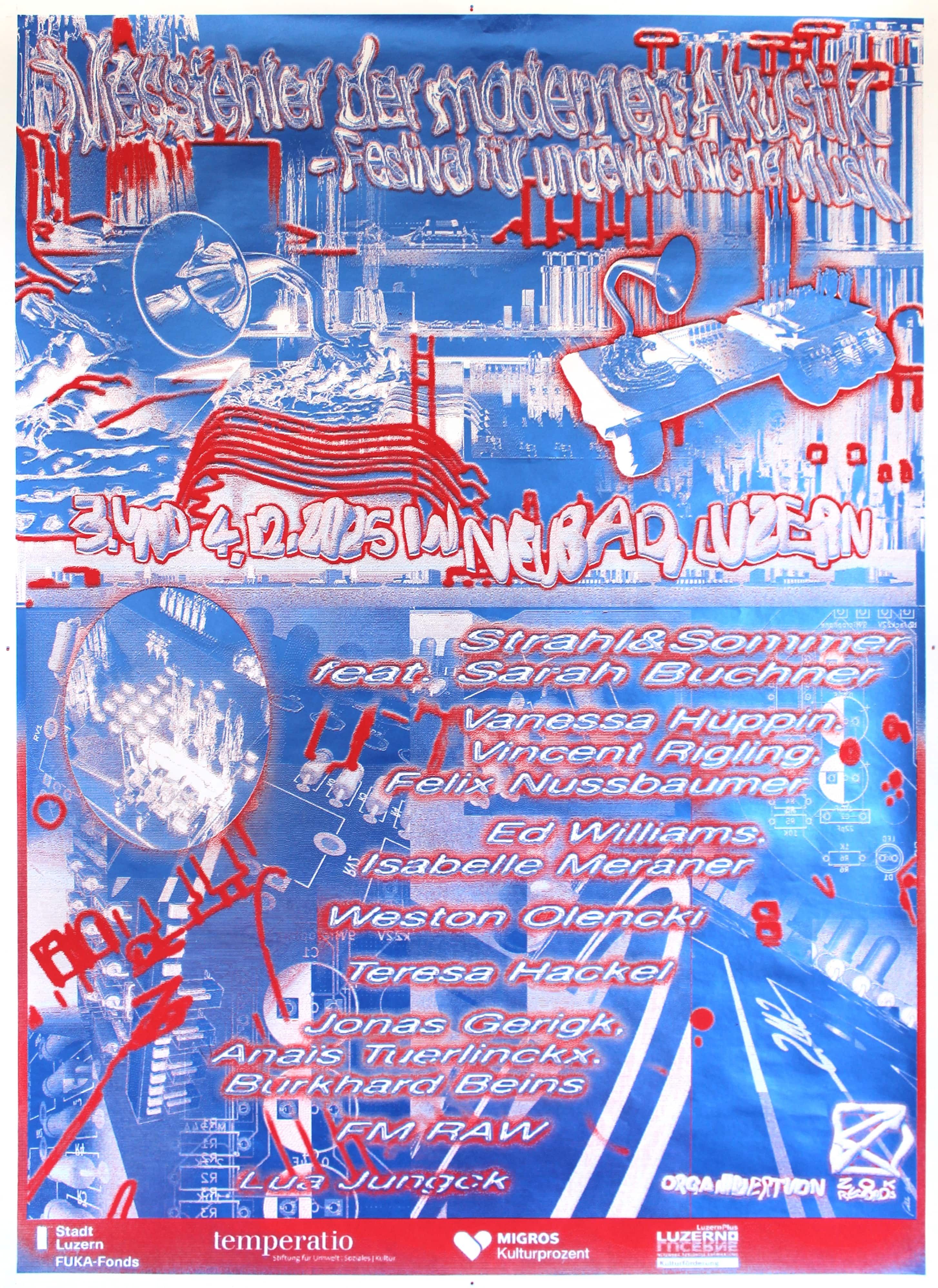 Ein farbiges Plakat, überwiegend in Rot- und Blautönen gestaltet, mit Infos zu den Künstler:innen