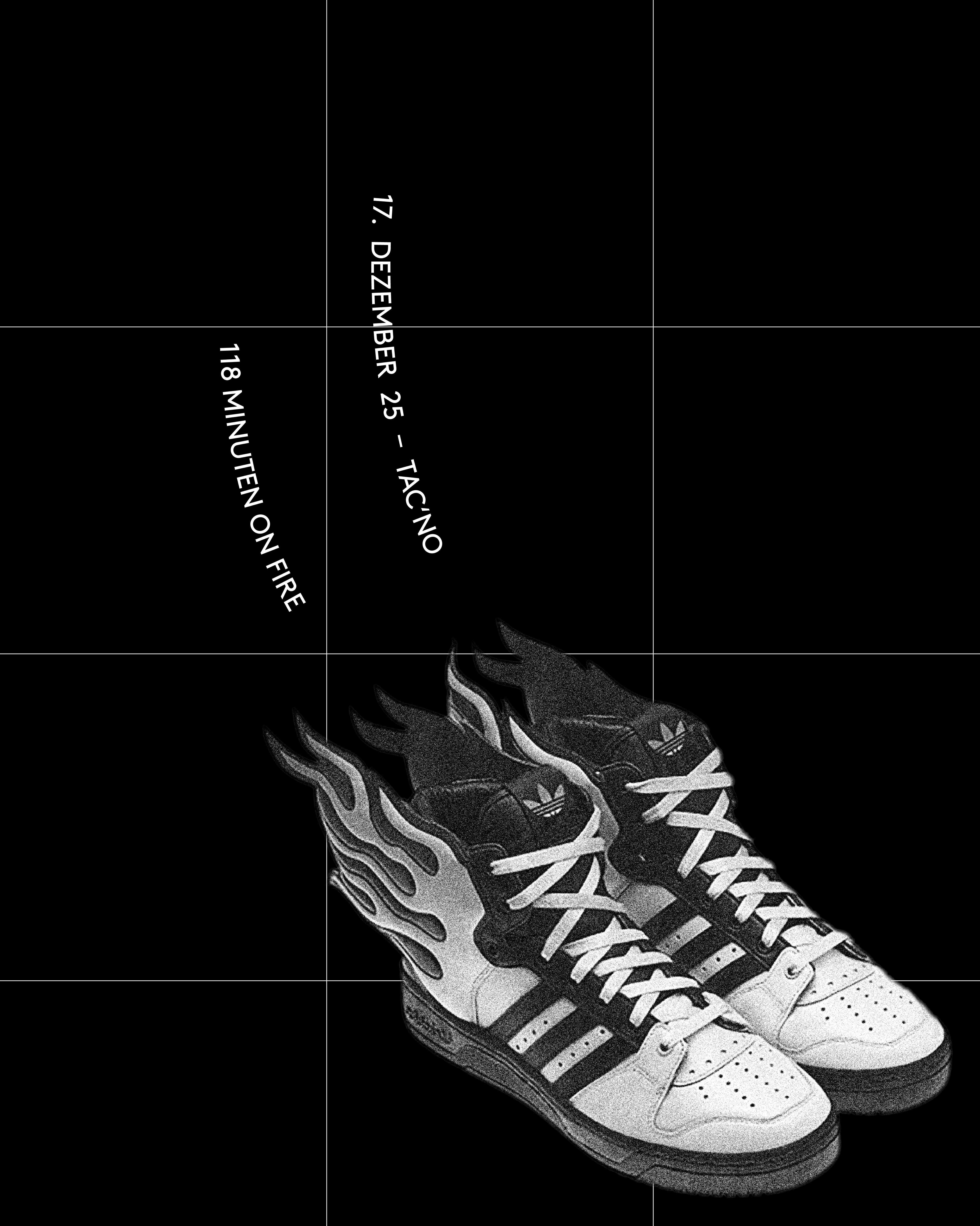 Ein paar flammenförmige Adidas Turnschuhe, schwarz-weisses Bild