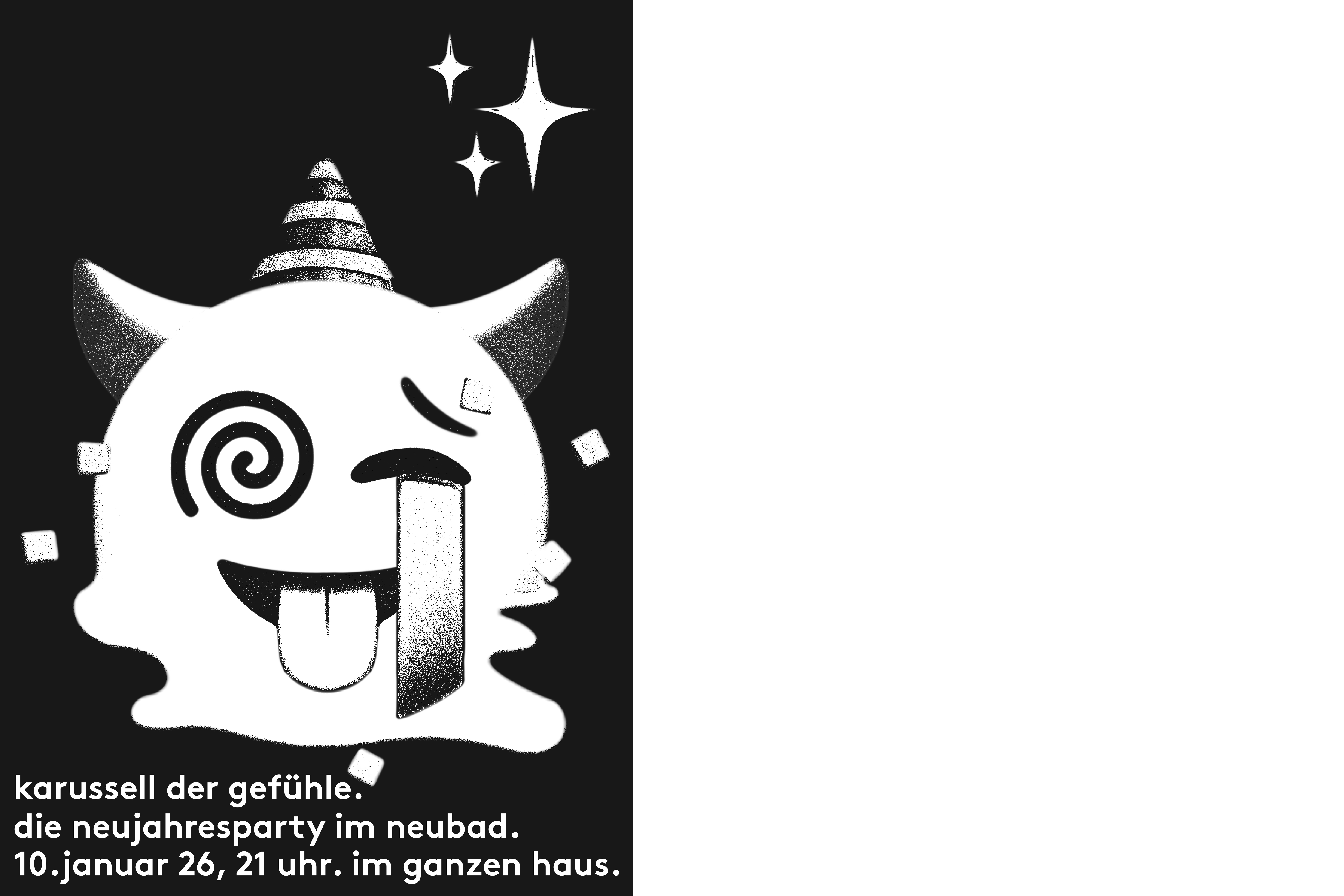 Schwarzweisse Grafik. Grosses Emoji mit Partyhut und Teufelshörner