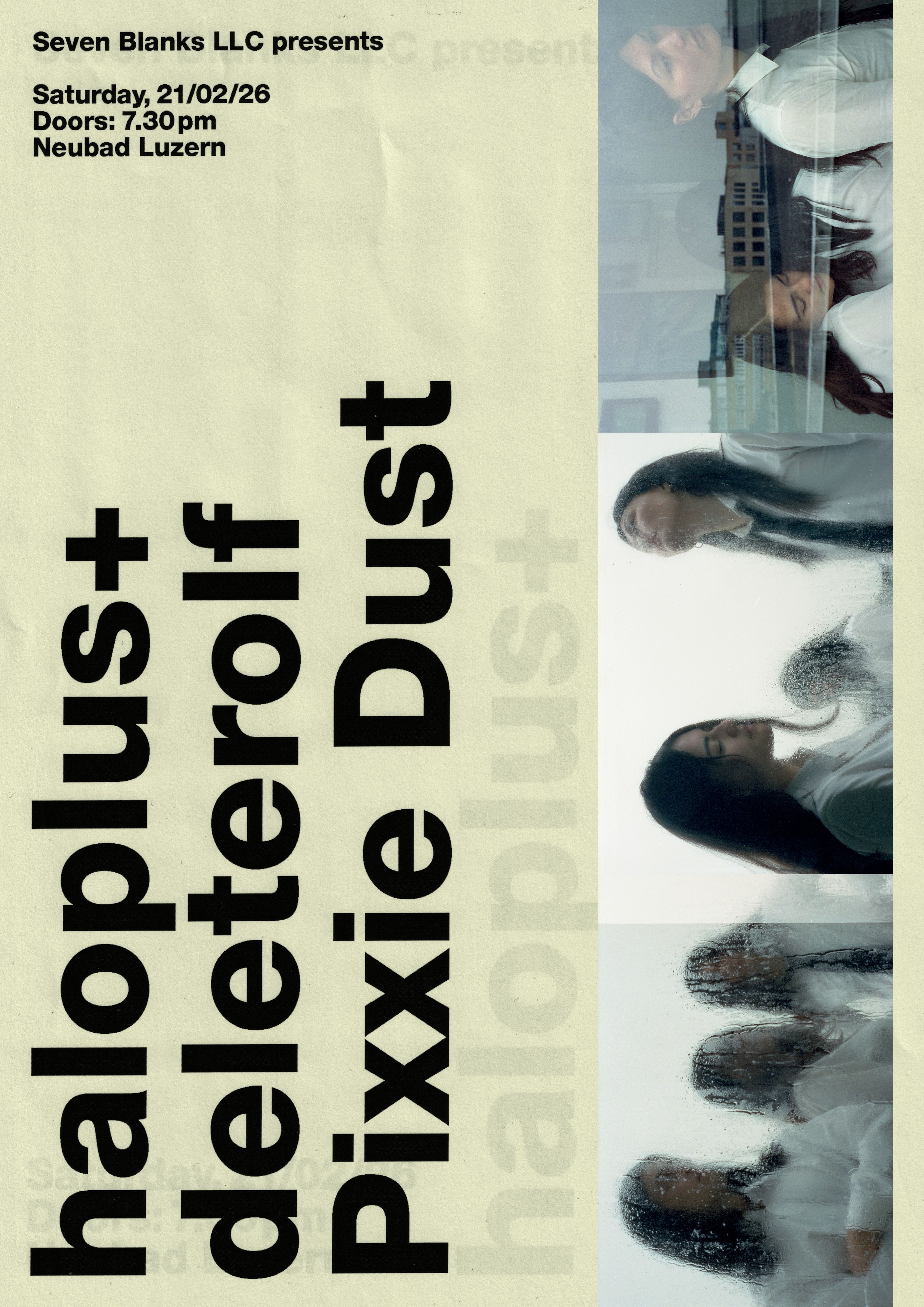 Werbeflyer mit leicht gelbem Hintergrund, Menschen und schwarzer Schrift 