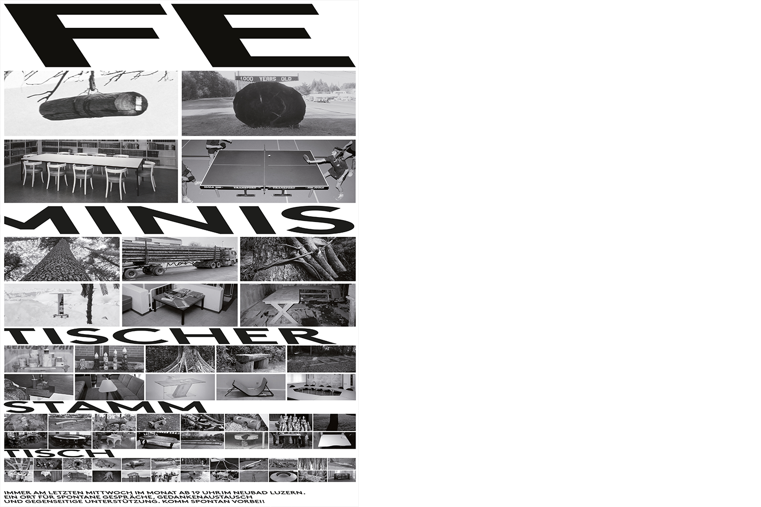 Verschiedene Fotos von unterschiedlichsten Tischen zu einer Collage zusammengefügt mit dem Titel der Veranstaltung.