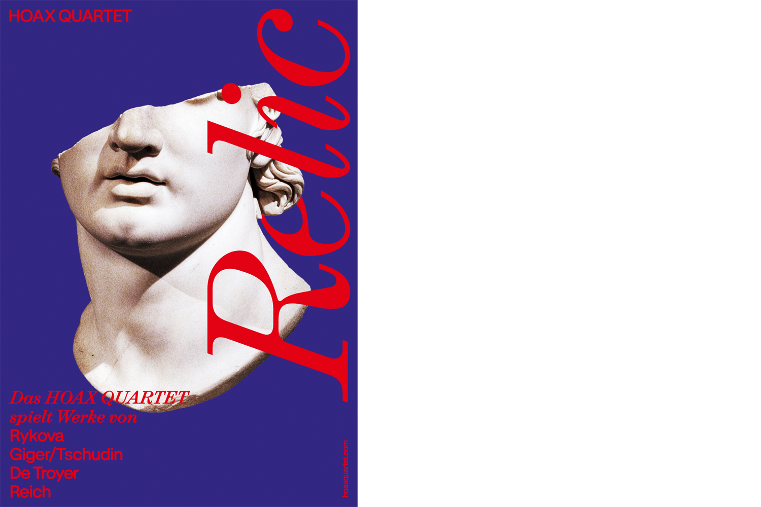 Ein violettblauer Hintergrund und rotem Schriftzug "RELIC". Eine griechische oder römische Marmorbüste, dessen Kopf zur Hälfte oben abgebrochen ist. 