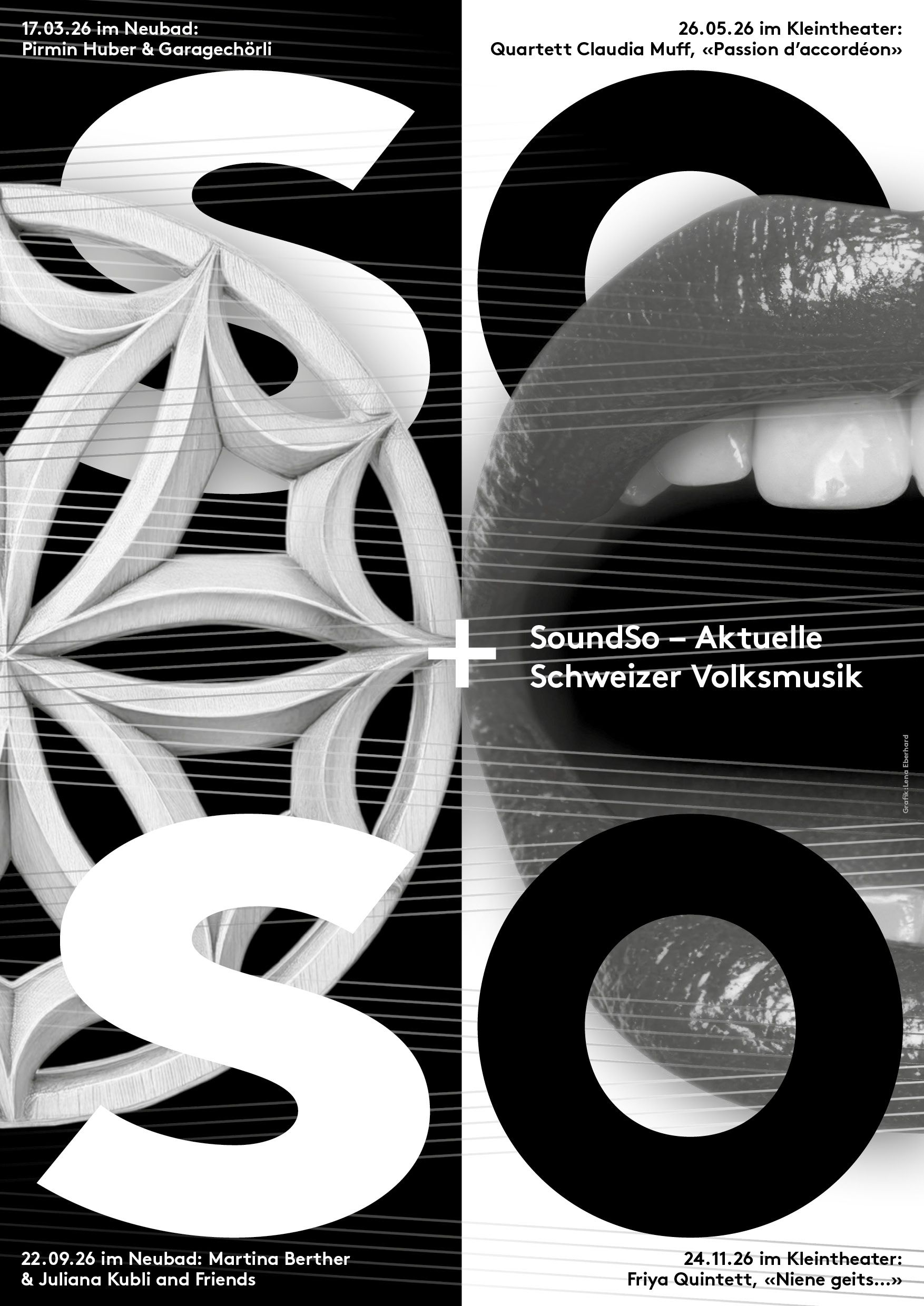 Ein Plakat in der Mitte halbiert, einmal schwarzer Hintergrund und einmal weisser. Auf der einen Seite ein moderner Bild, auf der anderen verschnörkelt.