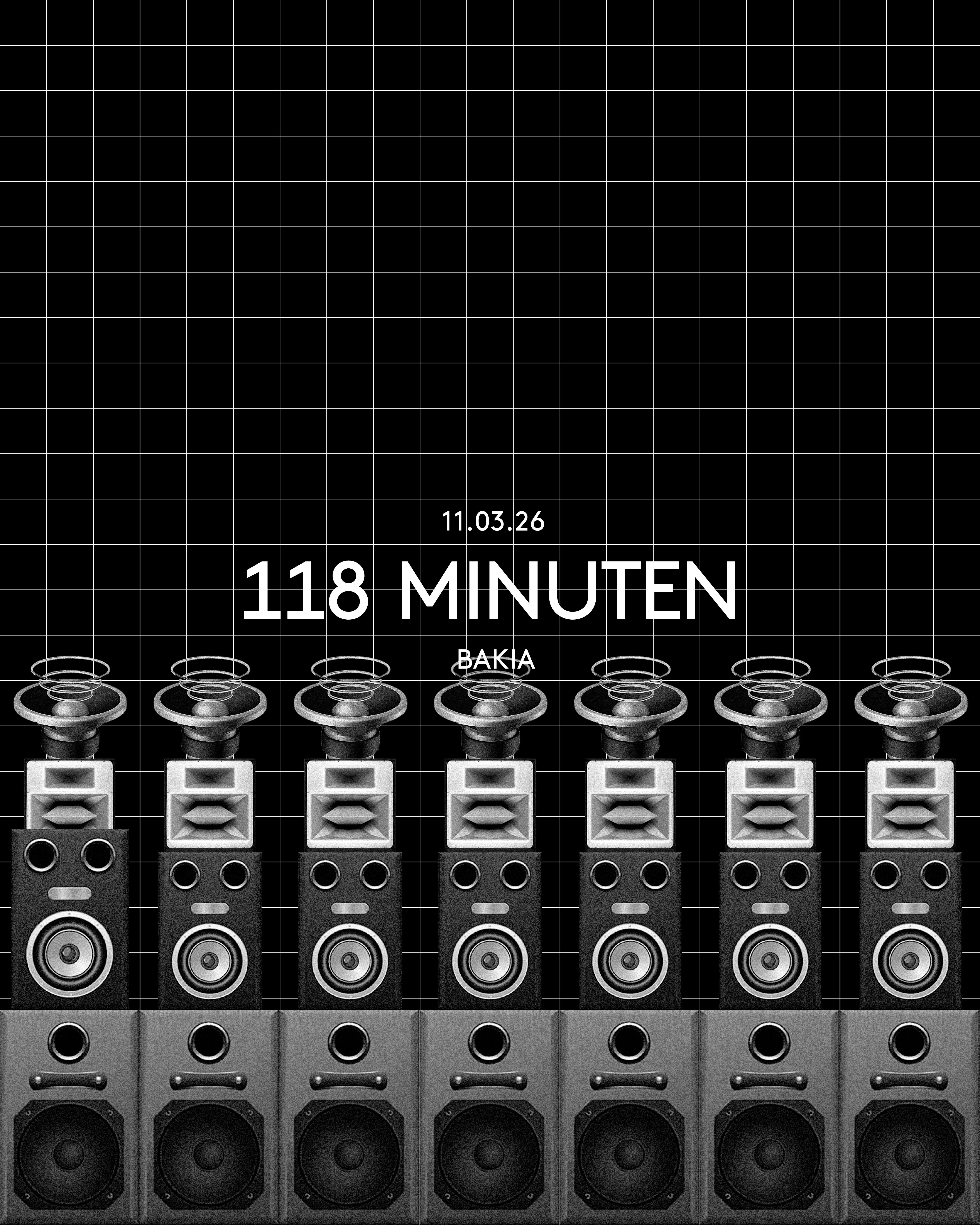 Viele Boxentürme am unteren Bildrand, Schriftuzg "118 Minuten" in der Mitte