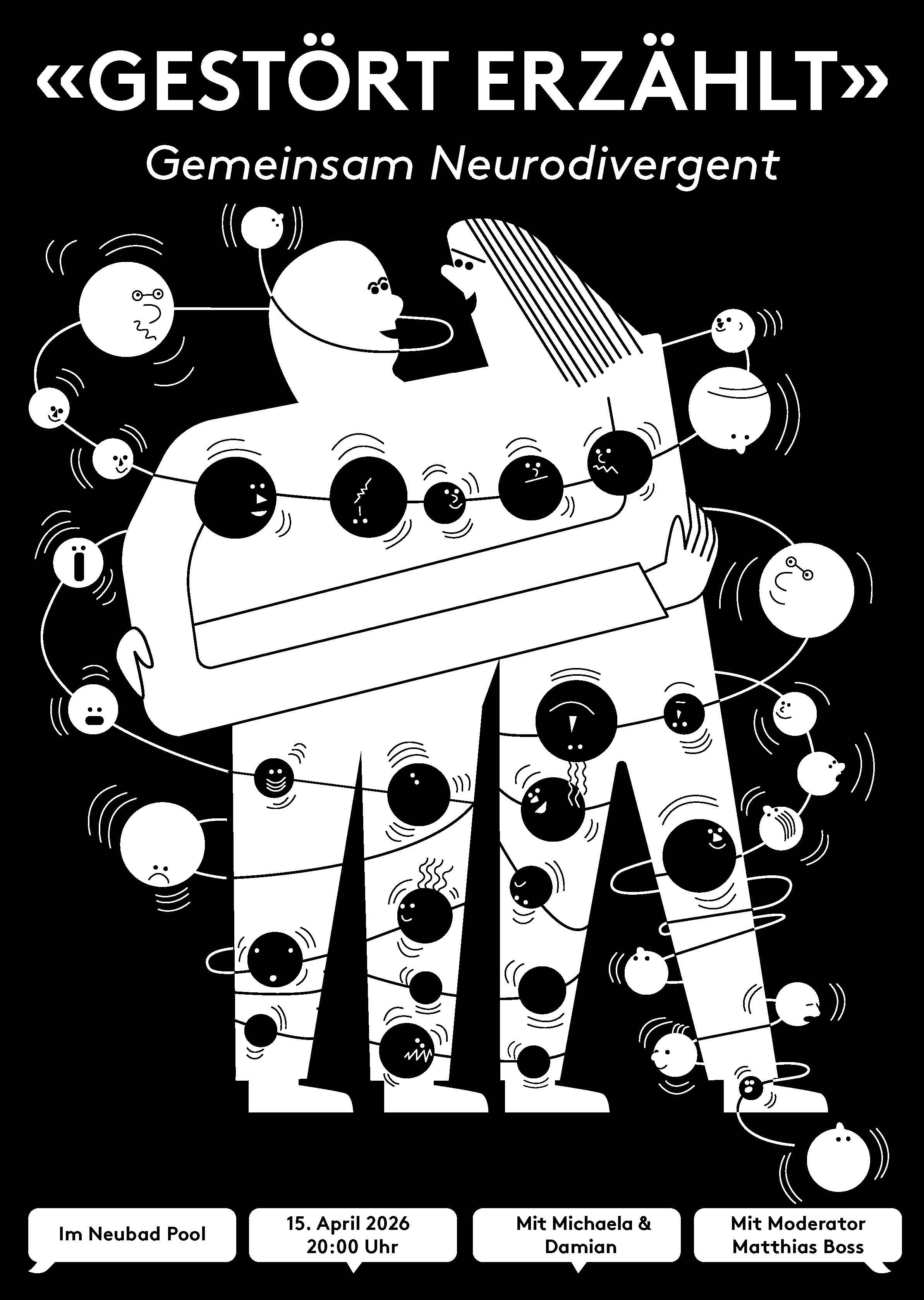 eine Illustration mit zwei Personen, die sich umarmen und um sie herum verschiedene Sachen schwingen.