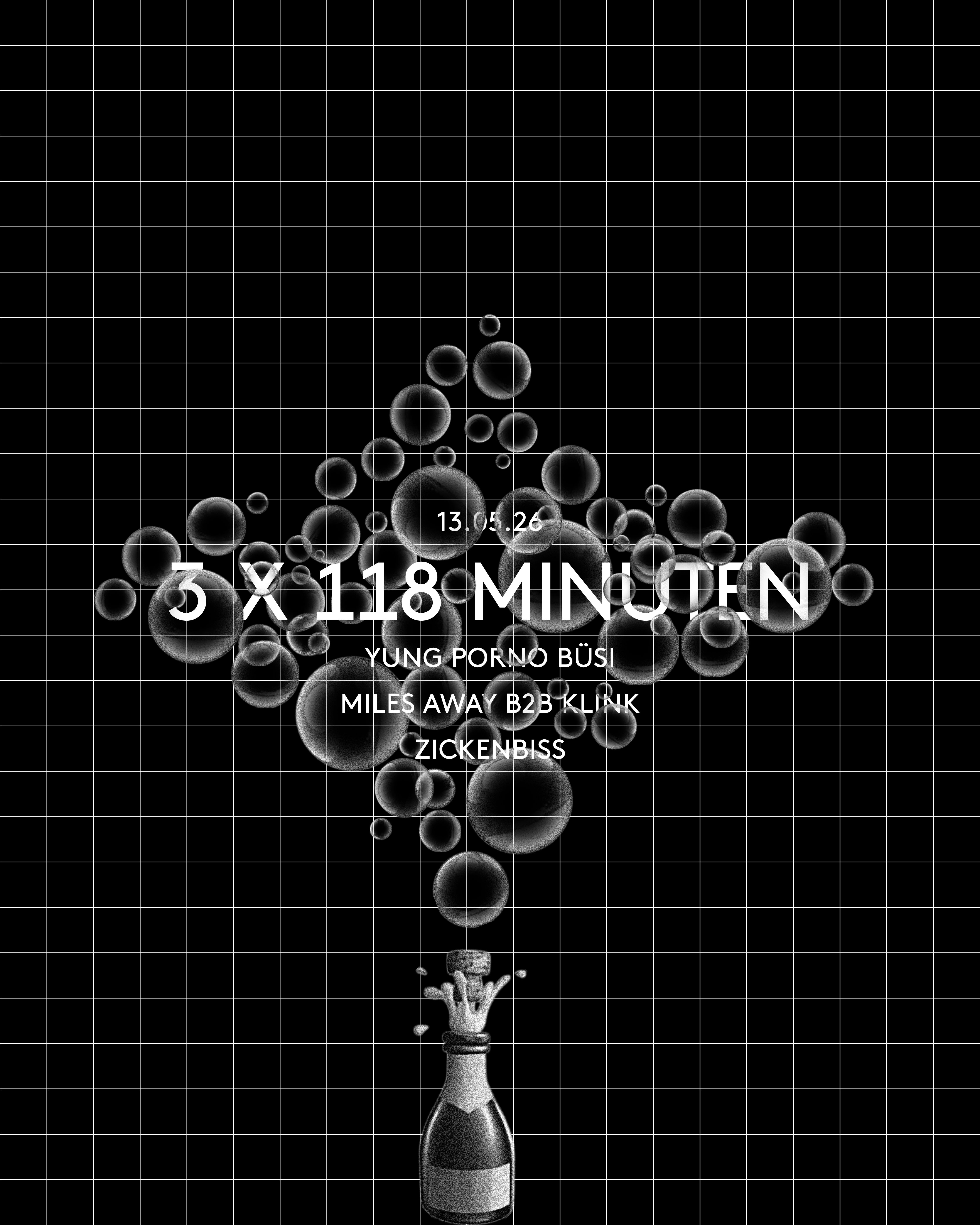 Eine sprudelnde Champagnerflasche, hinter den transparenten Blasen der Schriftzug "118 Minuten"