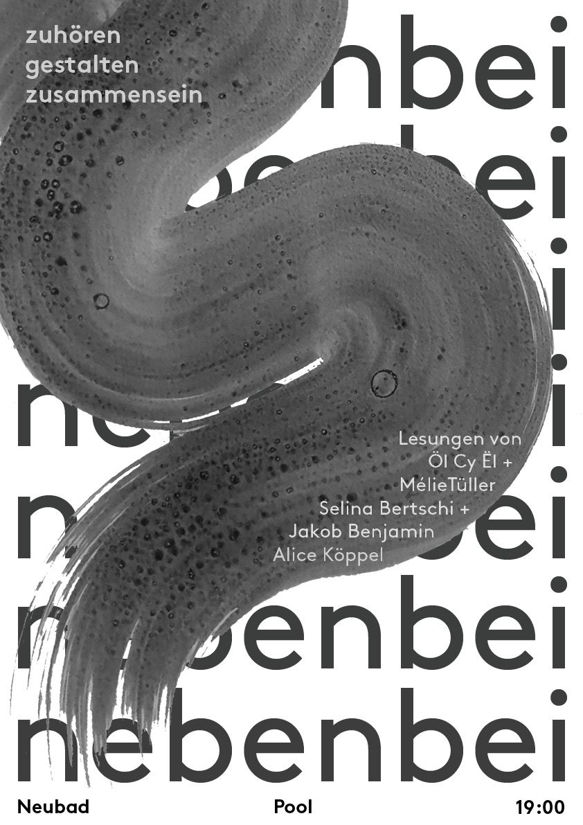 ein schwarz weiss Plakat mit einem übergrossen Pinselstrich. Im Hintergrund ist mehrmals das Wort "nebenbei" zu lesen