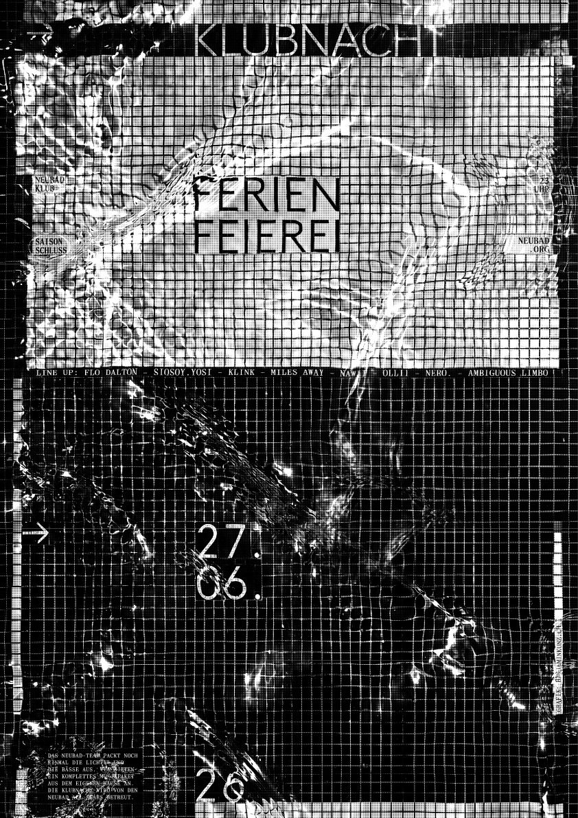 Der Boden eines Swimming-Pools, auf einzelnen Fliesen kommt der Text "Klubnacht: Ferienfeierei. 27.06.26" zu liegen.