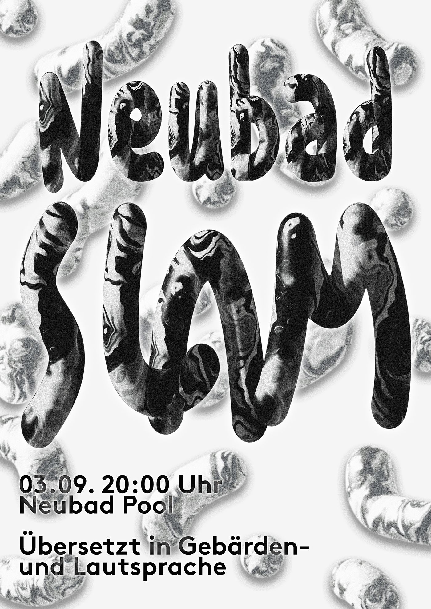 Illustration in luftiger Schrift geschrieben: NEUBAD SLAM
