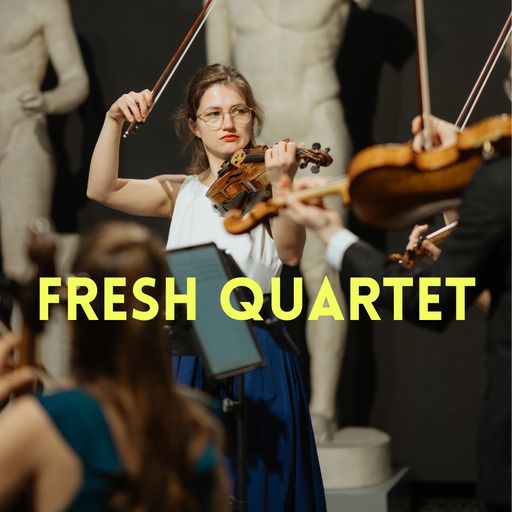 Frau mit Geige. Im Vordergrund der gelbe Schriftzug: "Fresh Quartett"