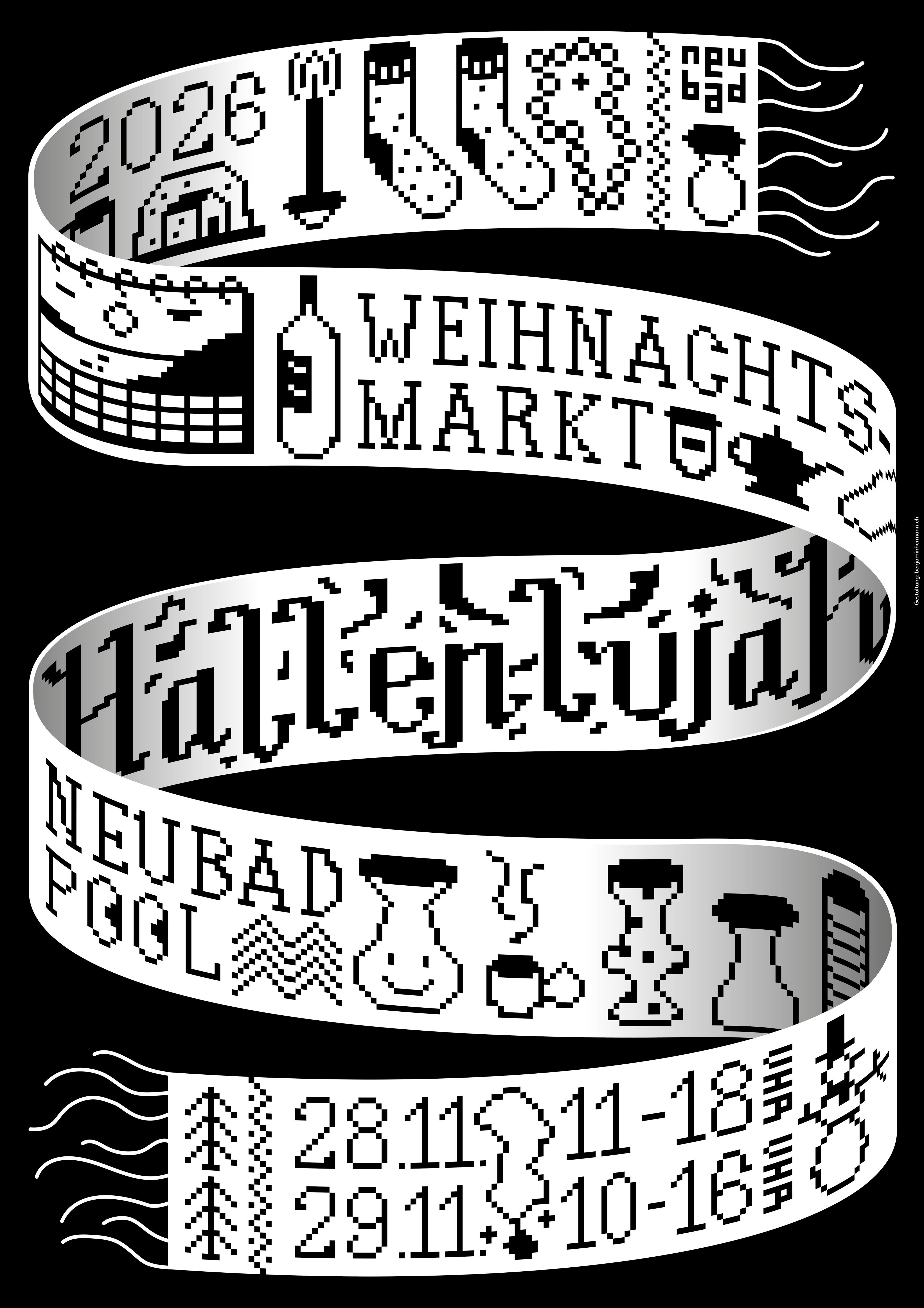 Schal mit weihnachtlichen Bildern und Text Weihnachtsmarkt Hallen-Lujah Neubad Pool 28.11 & 29.11.26