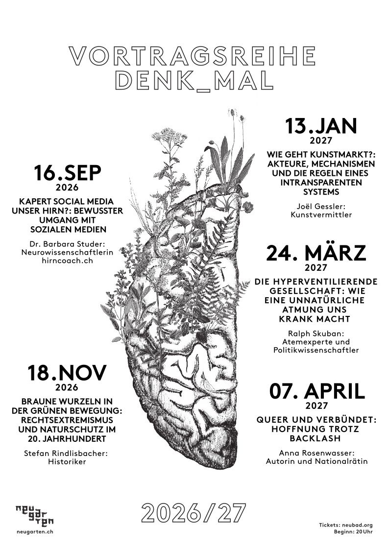 Saisonplakat der Vortragsreihe Denk_Mal geschrieben in schwarzer Schrift auf weissem Hintergrund.