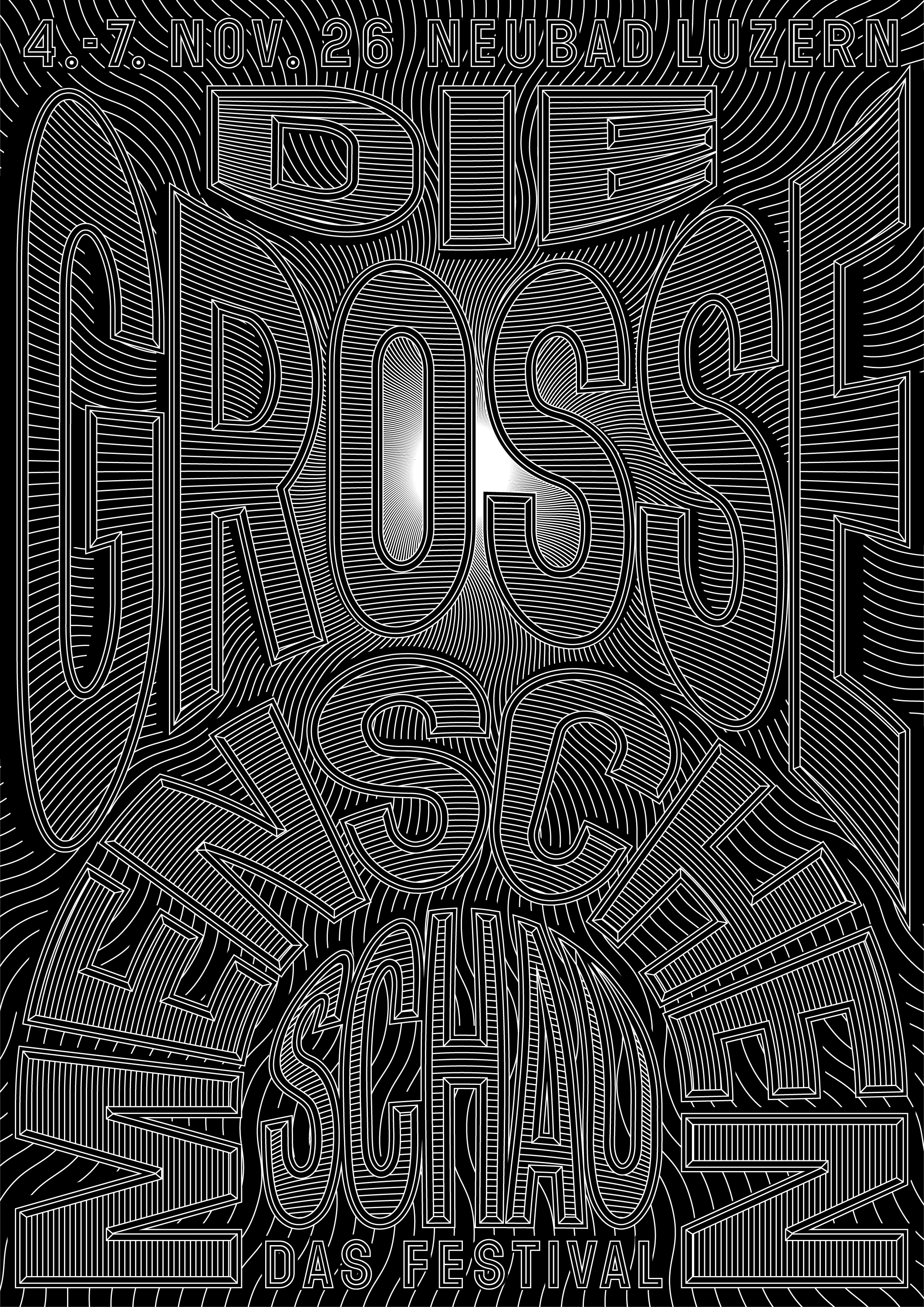 Illustration von der Menschenschau. Eine linierter Schriftzug, auf dem "die Grosse Menschenschau" steht, auf schwarzem Hintergrund