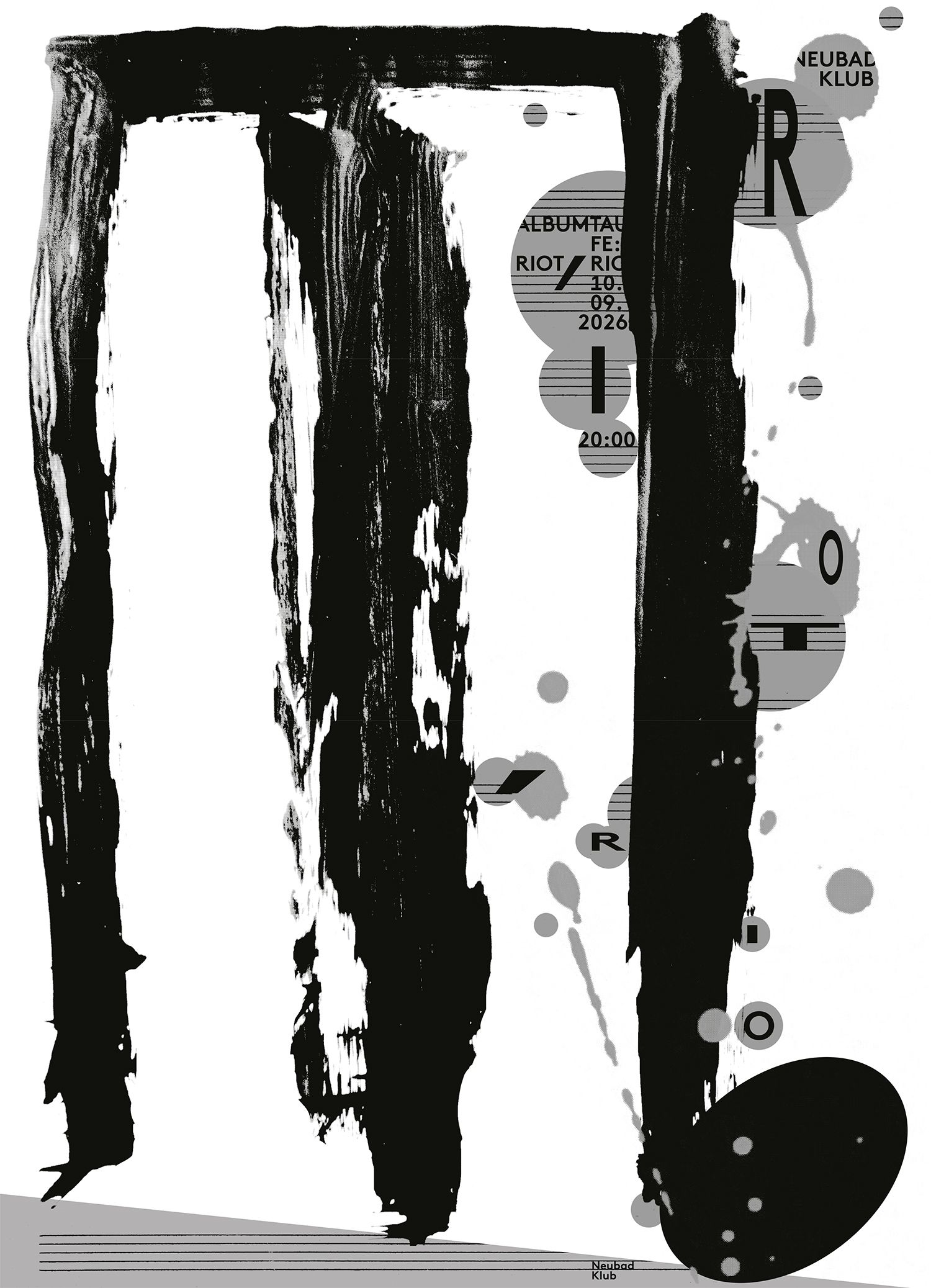 Eine grosse schwarze Musiknote mit grauen Farbkleksen. In den Kleksen die Information «Alumtaufe: Riot'rio. 10.09.26, 20:00, Neubad Klub»