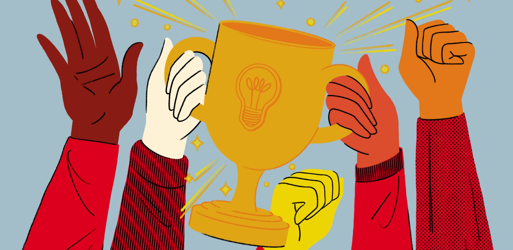 Illustration von 5 Händen, die in die Luft gestreckt sind, die zwei mittleren Hände halten einen goldenen Pokal mit einer Glühbirnenverzierung. 