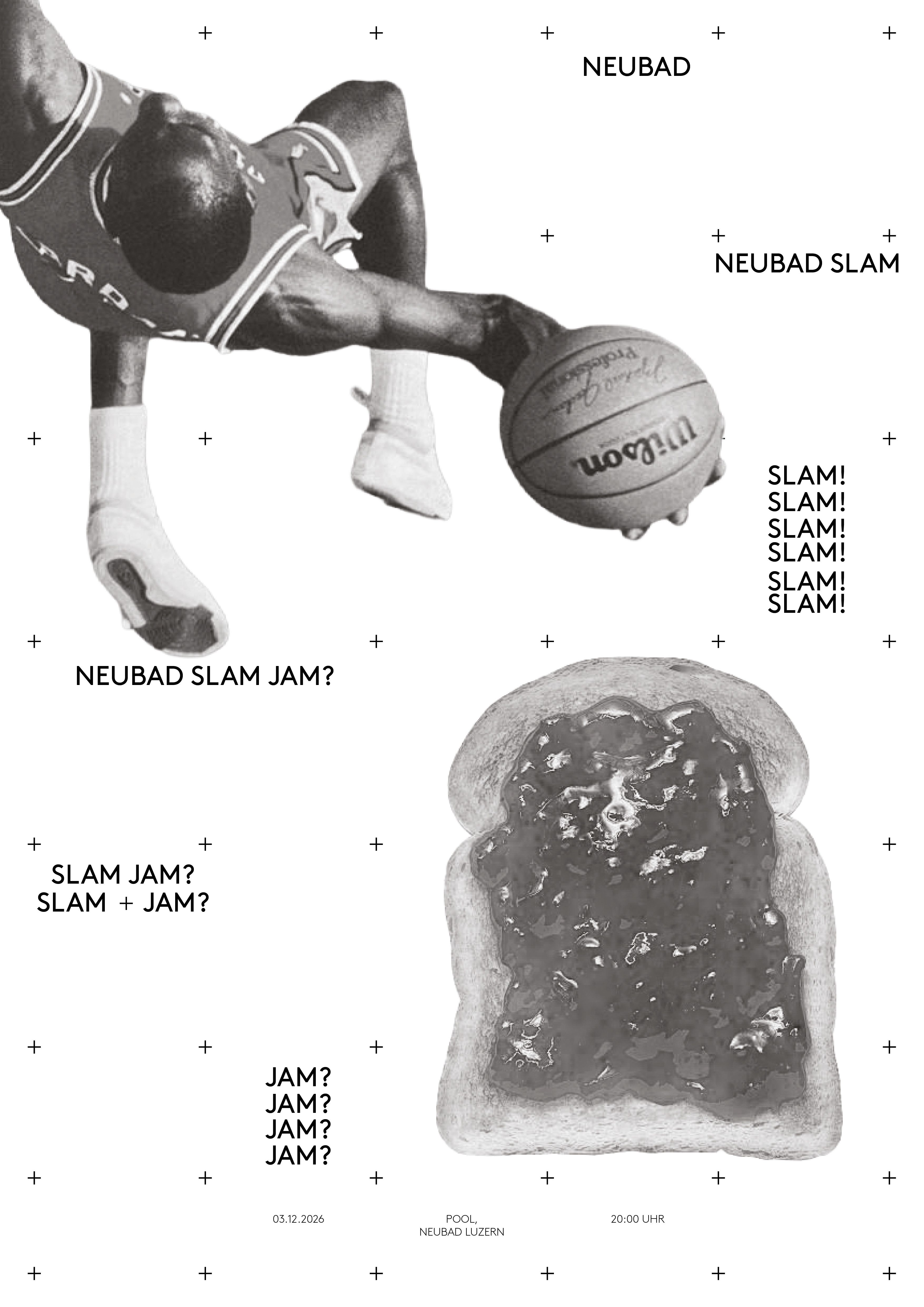 Eine Kollage aus einem Basketballer und einem Marmeladenbrot. 